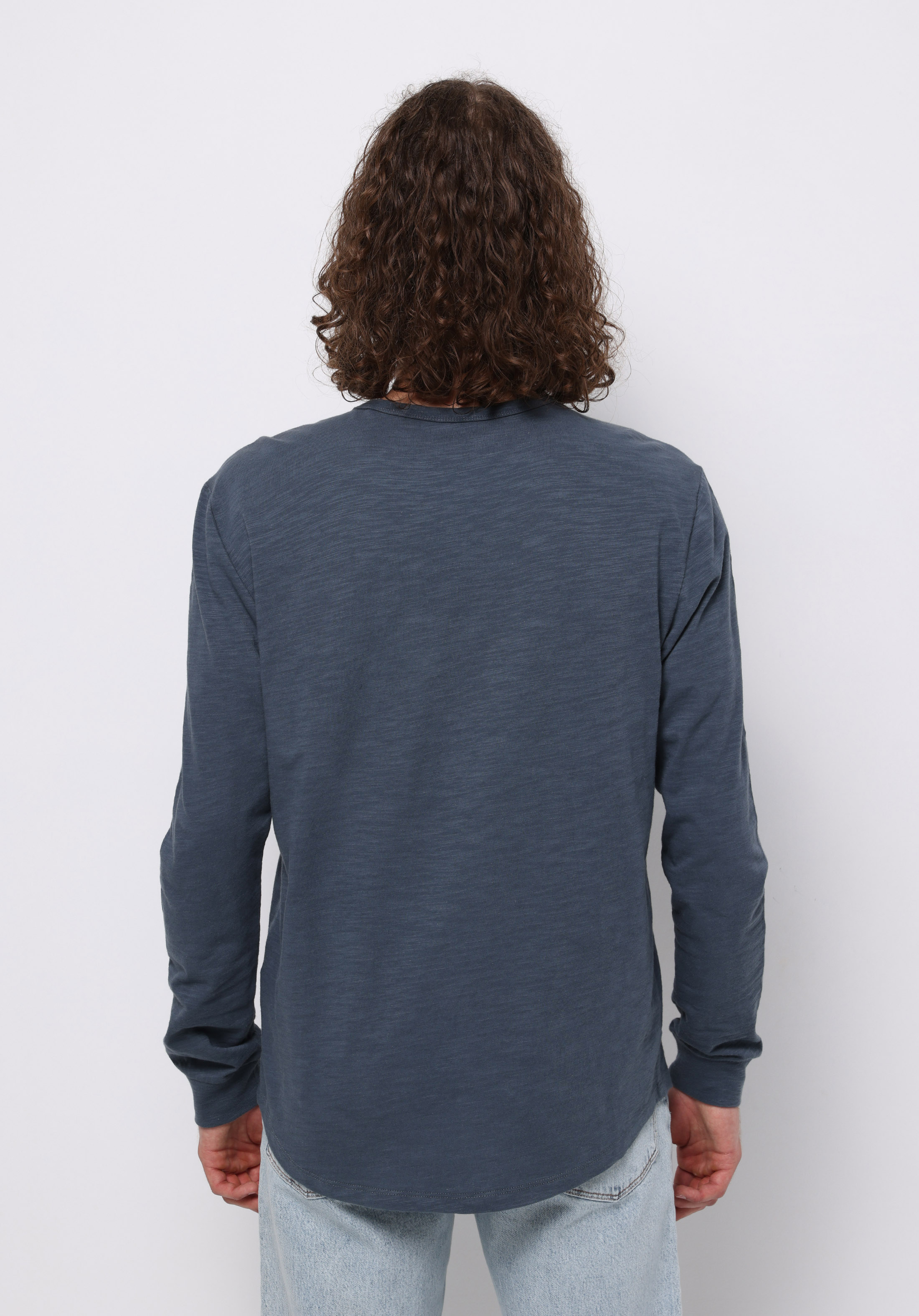 Regular Fit Yuvarlak Yaka Düz Erkek Mavi Uzun Kol Tişört