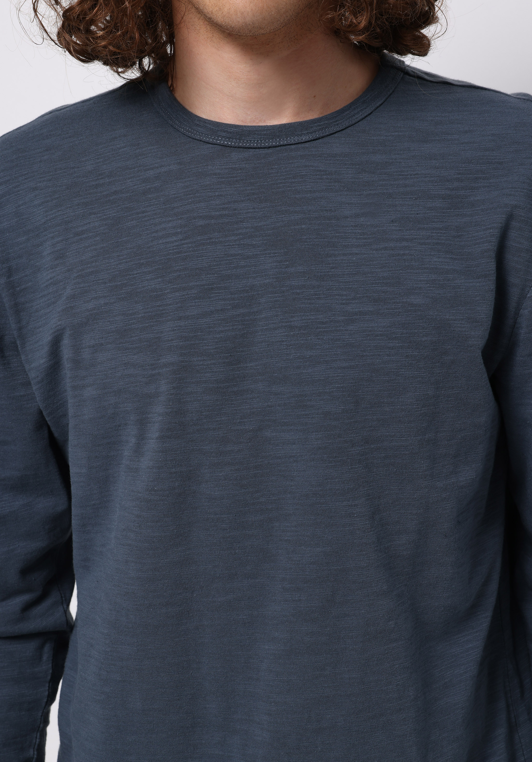 Regular Fit Yuvarlak Yaka Düz Erkek Mavi Uzun Kol Tişört