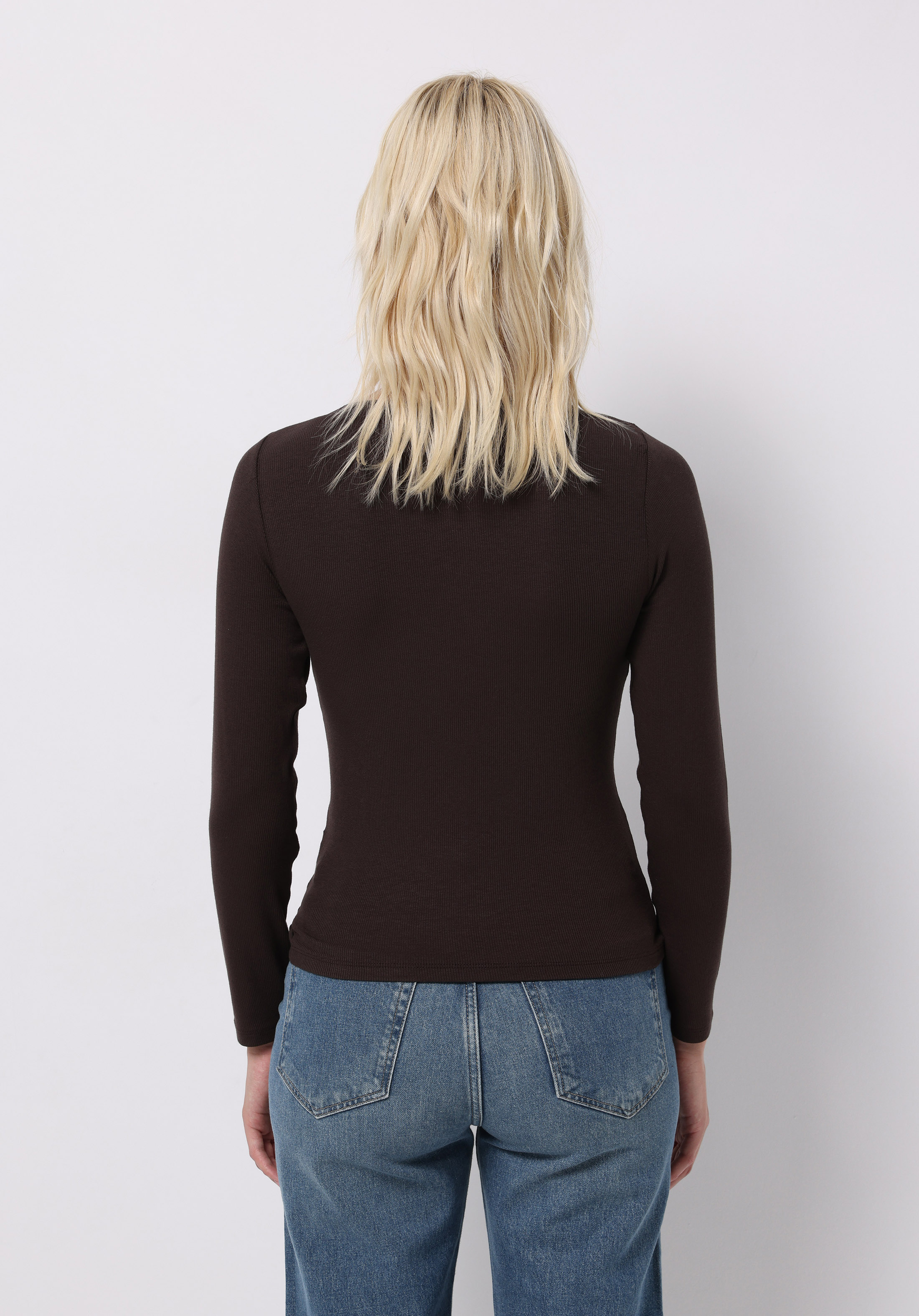 Slim Fit Kayık Yaka Düz Kadın Kahverengi Uzun Kol Tişört