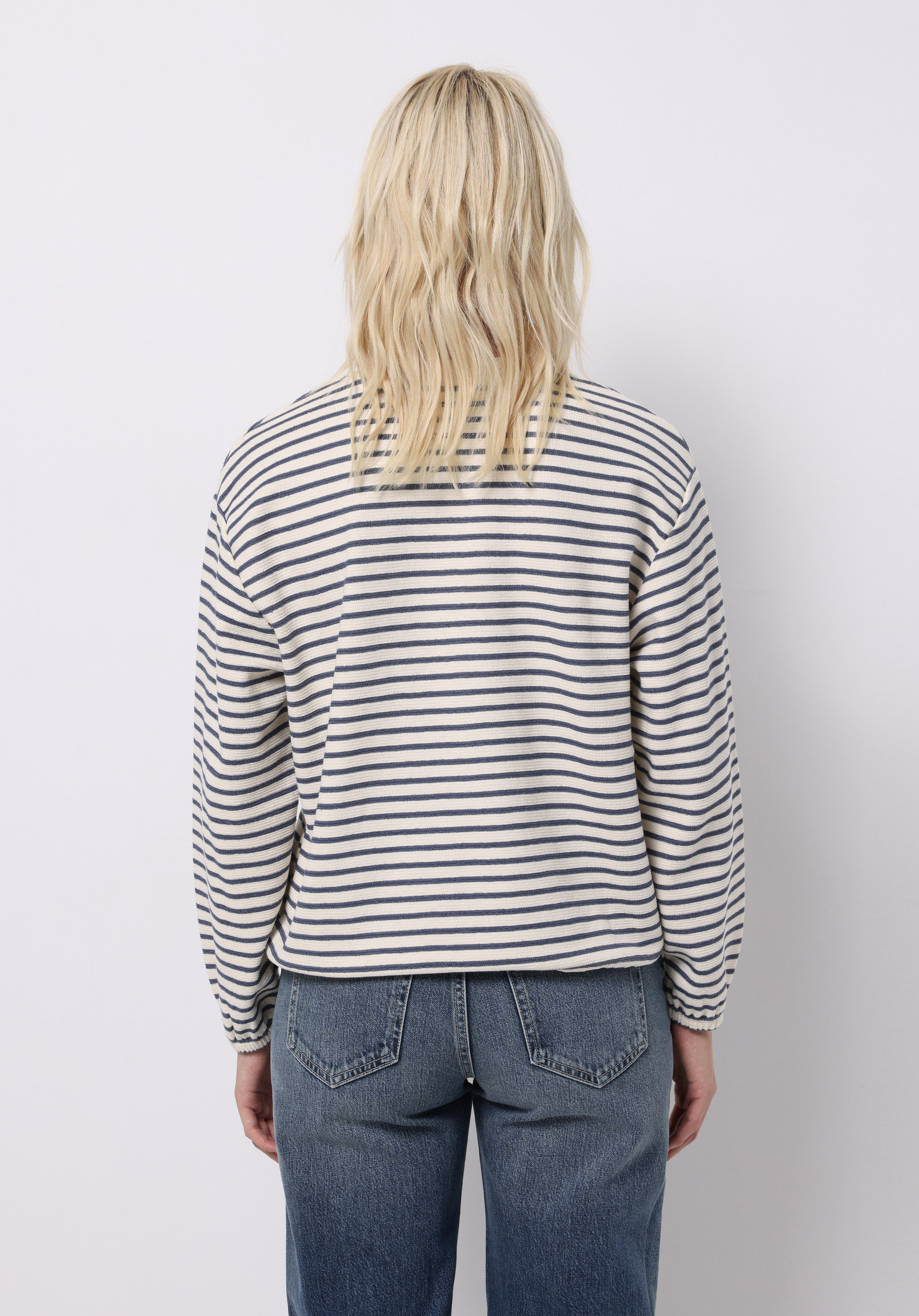 Regular Fit Yuvarlak Yaka Çizgili Kadın Mavi Uzun Kol Tişört