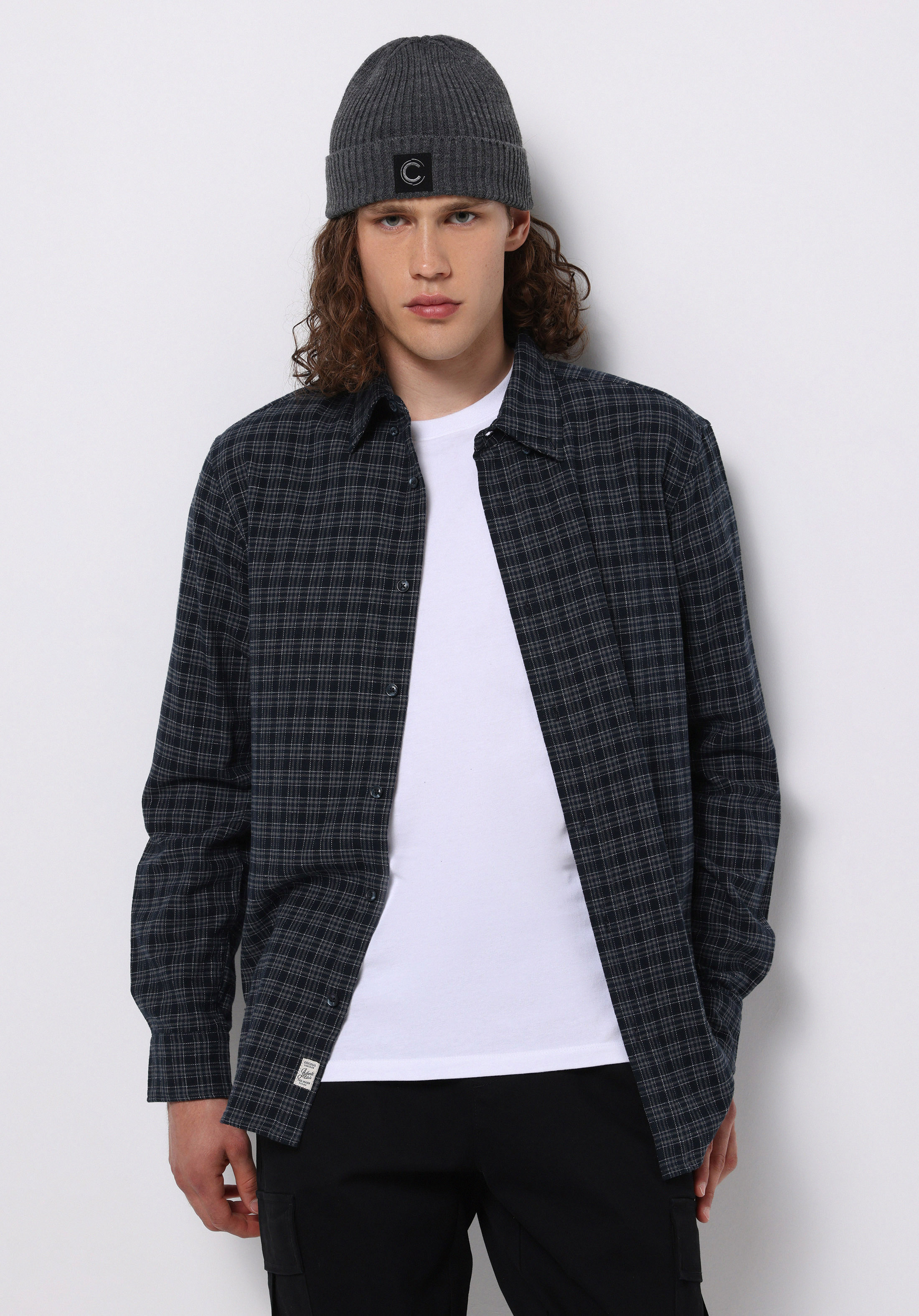 Regular Fit Shirt Neck Ekoseli Erkek Lacivert Uzun Kol Gömlek