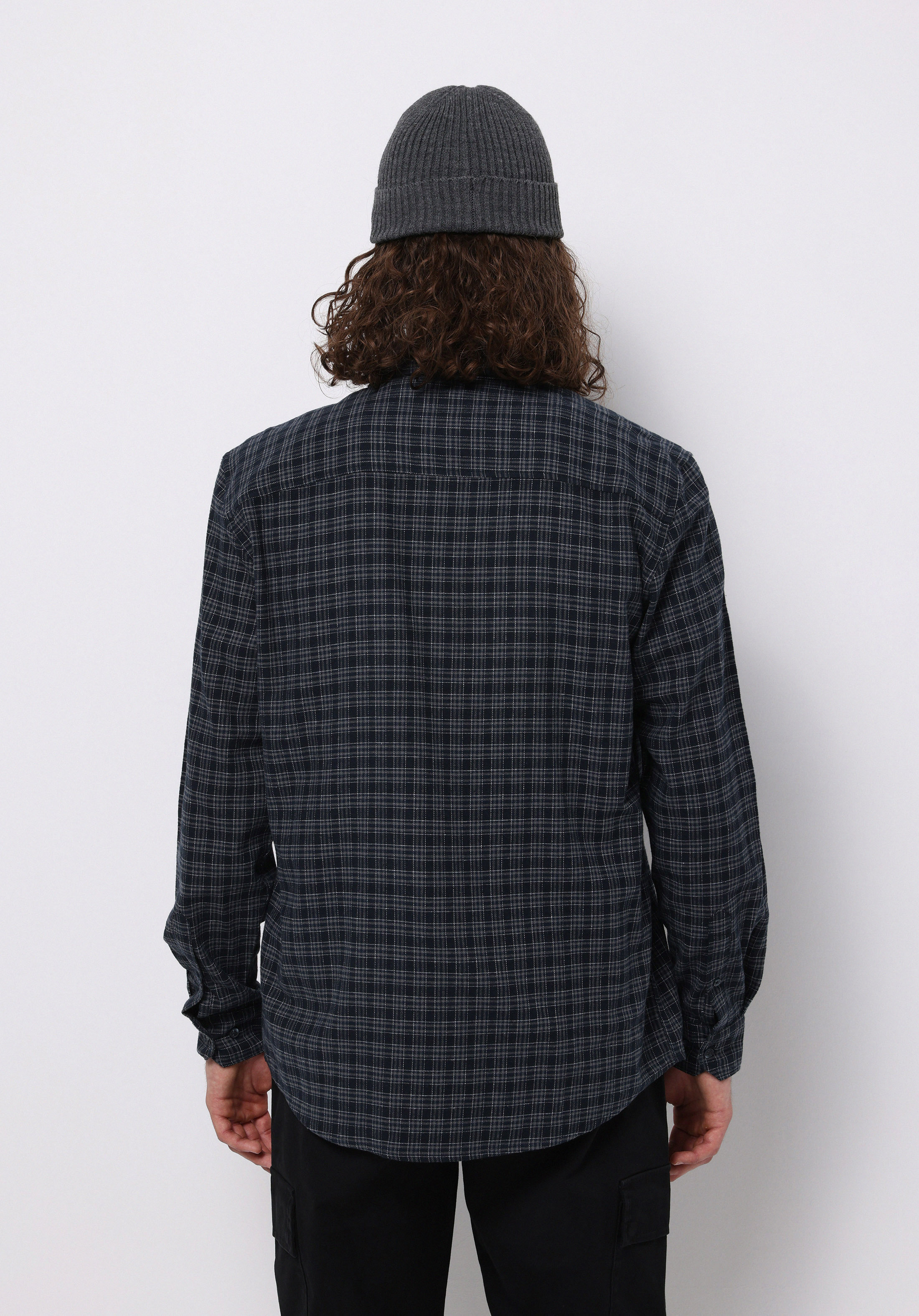 Regular Fit Shirt Neck Ekoseli Erkek Lacivert Uzun Kol Gömlek