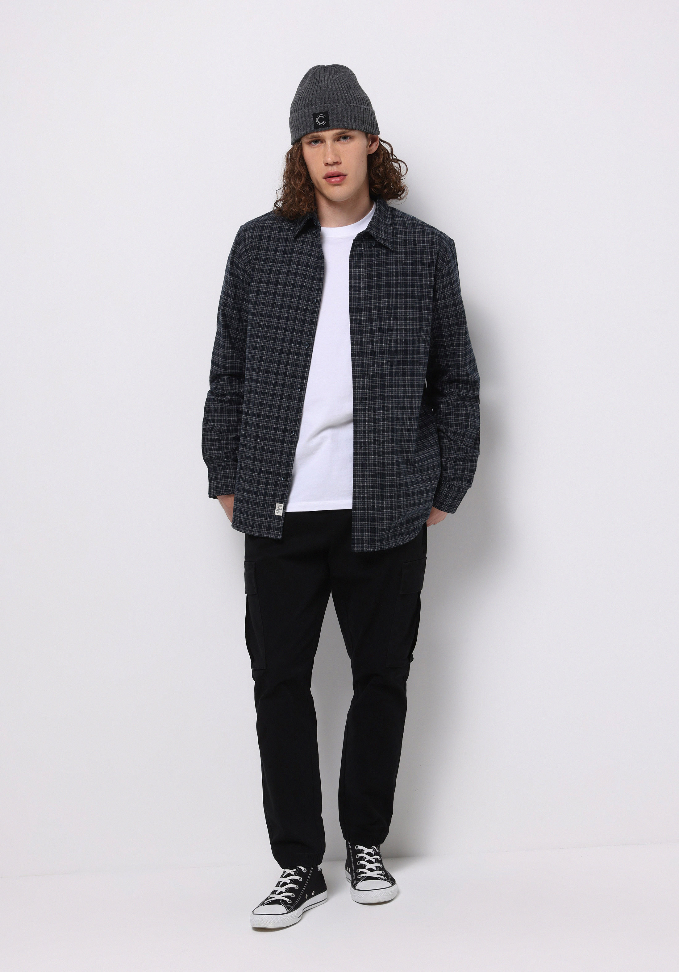 Regular Fit Shirt Neck Ekoseli Erkek Lacivert Uzun Kol Gömlek