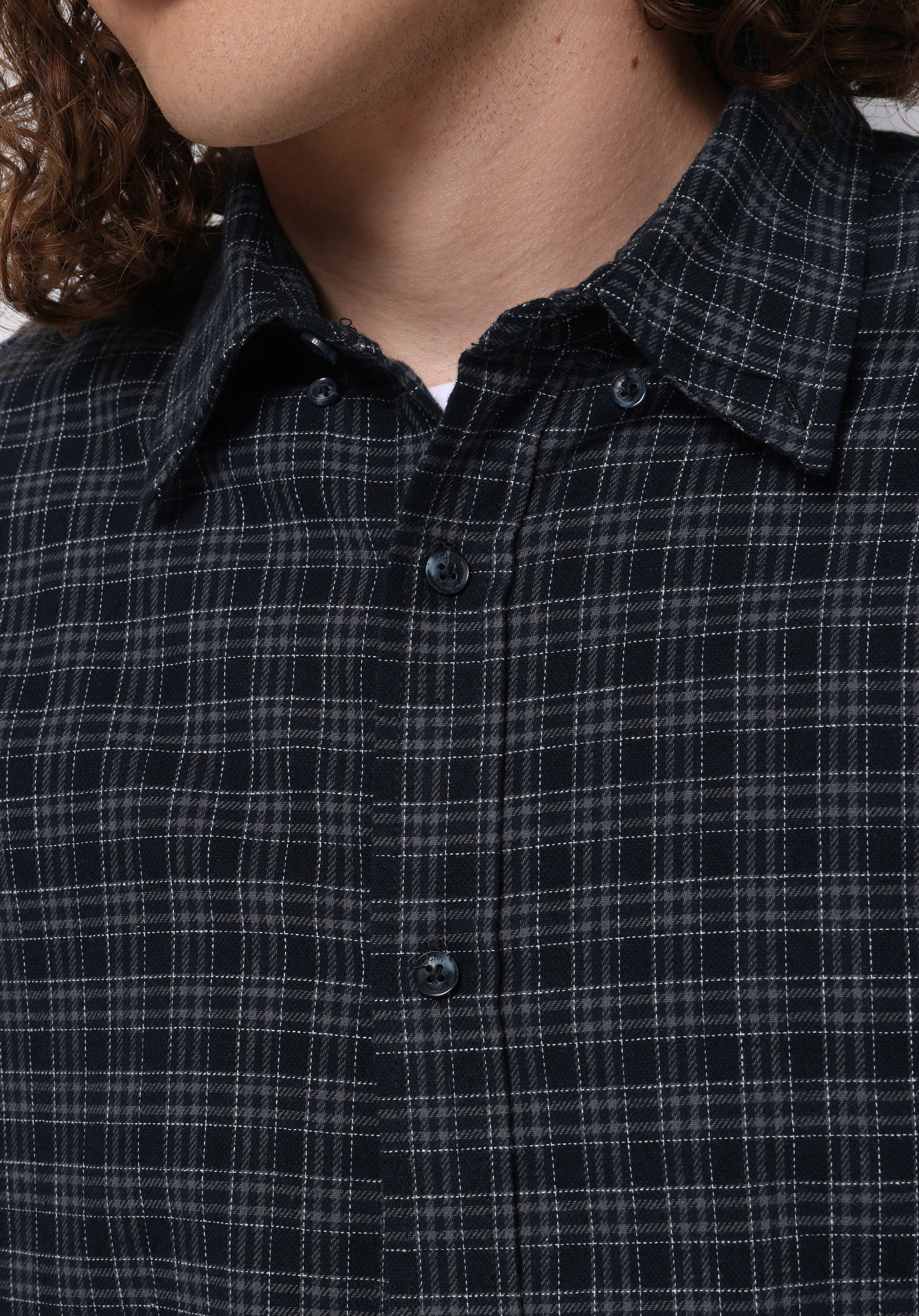 Regular Fit Shirt Neck Ekoseli Erkek Lacivert Uzun Kol Gömlek