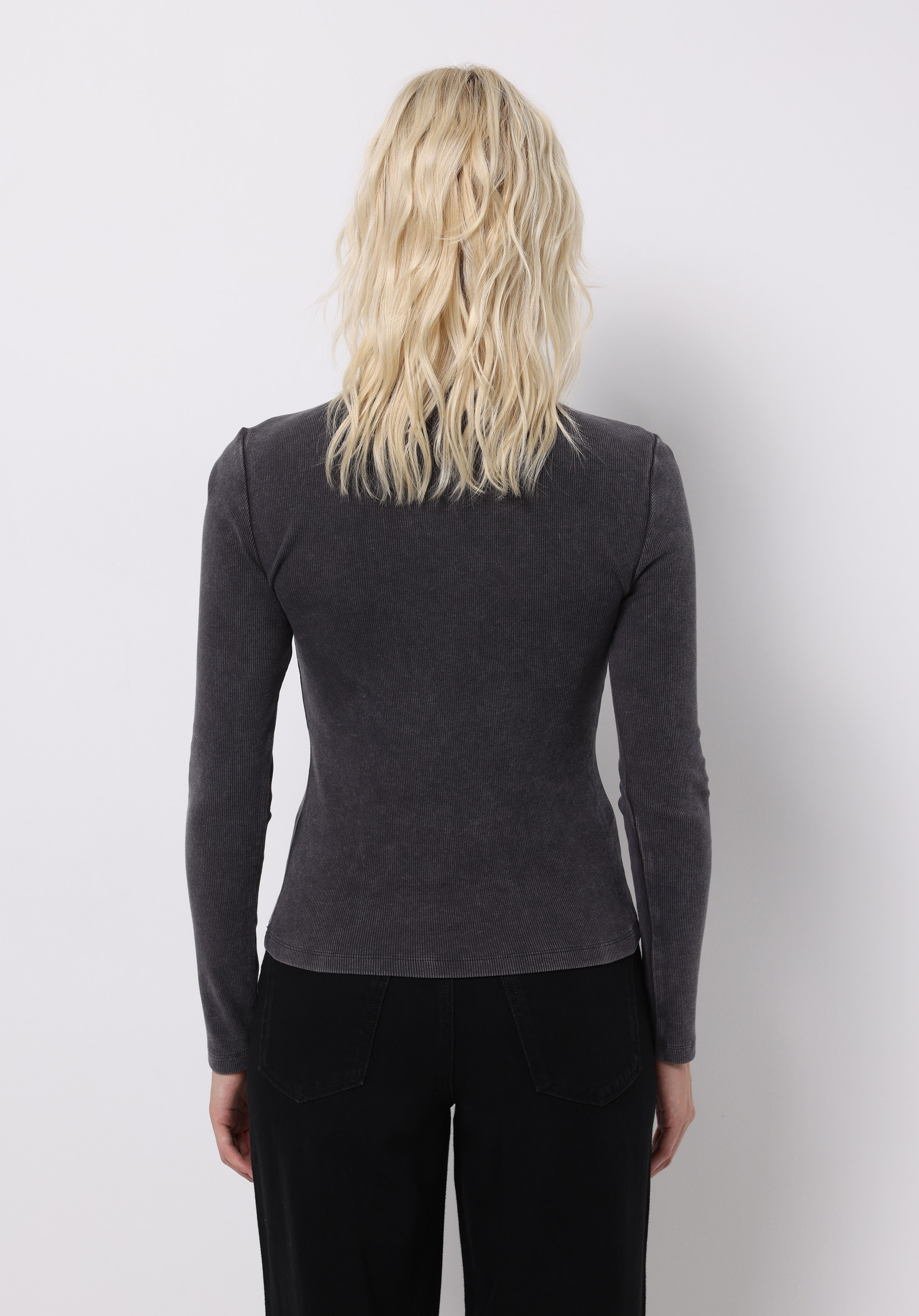 Slim Fit Yuvarlak Yaka Düz Kadın Antrasit Uzun Kol Tişört