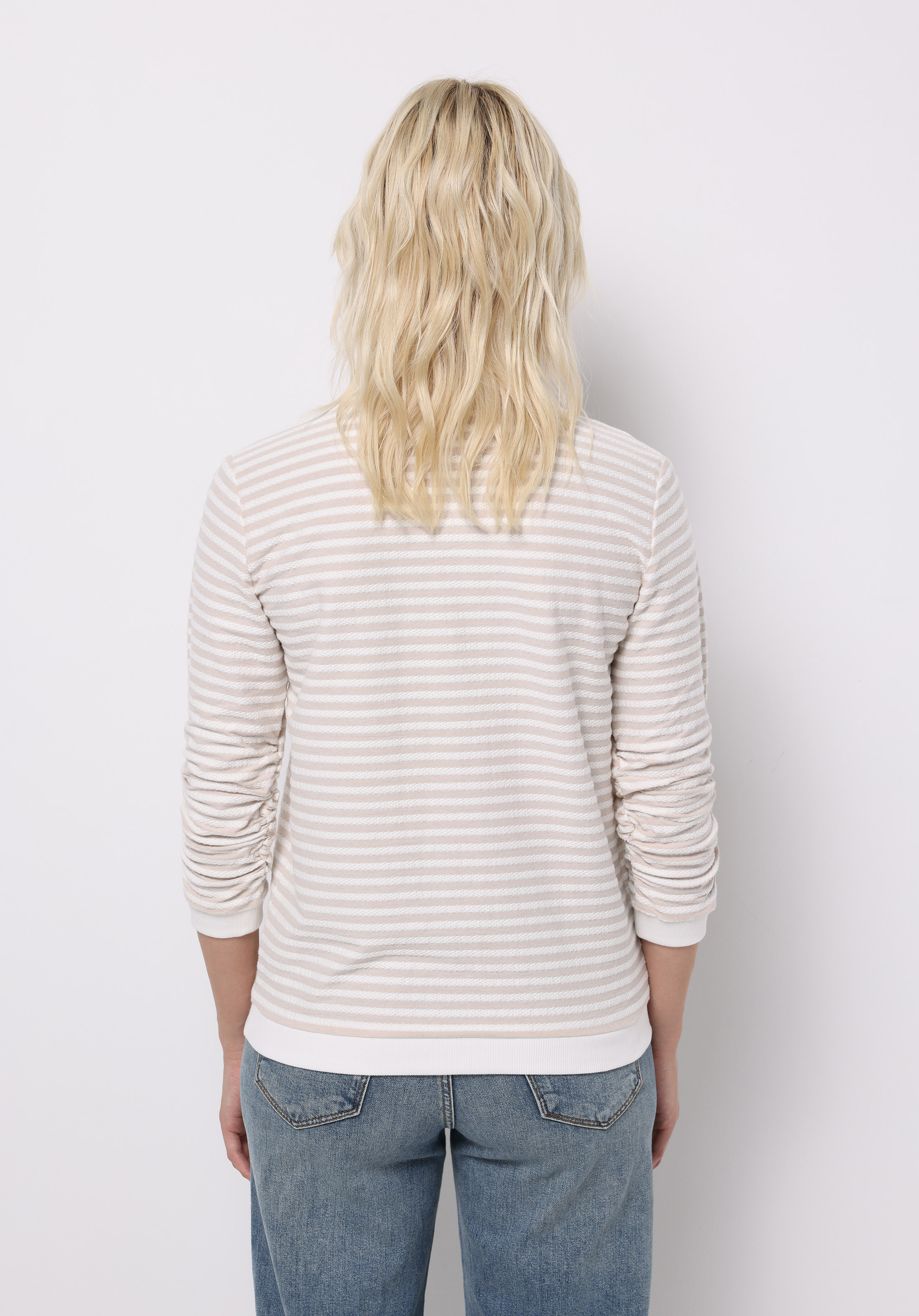 Regular Fit Yuvarlak Yaka Çizgili Kadın Bej ¾ Kol Tişört