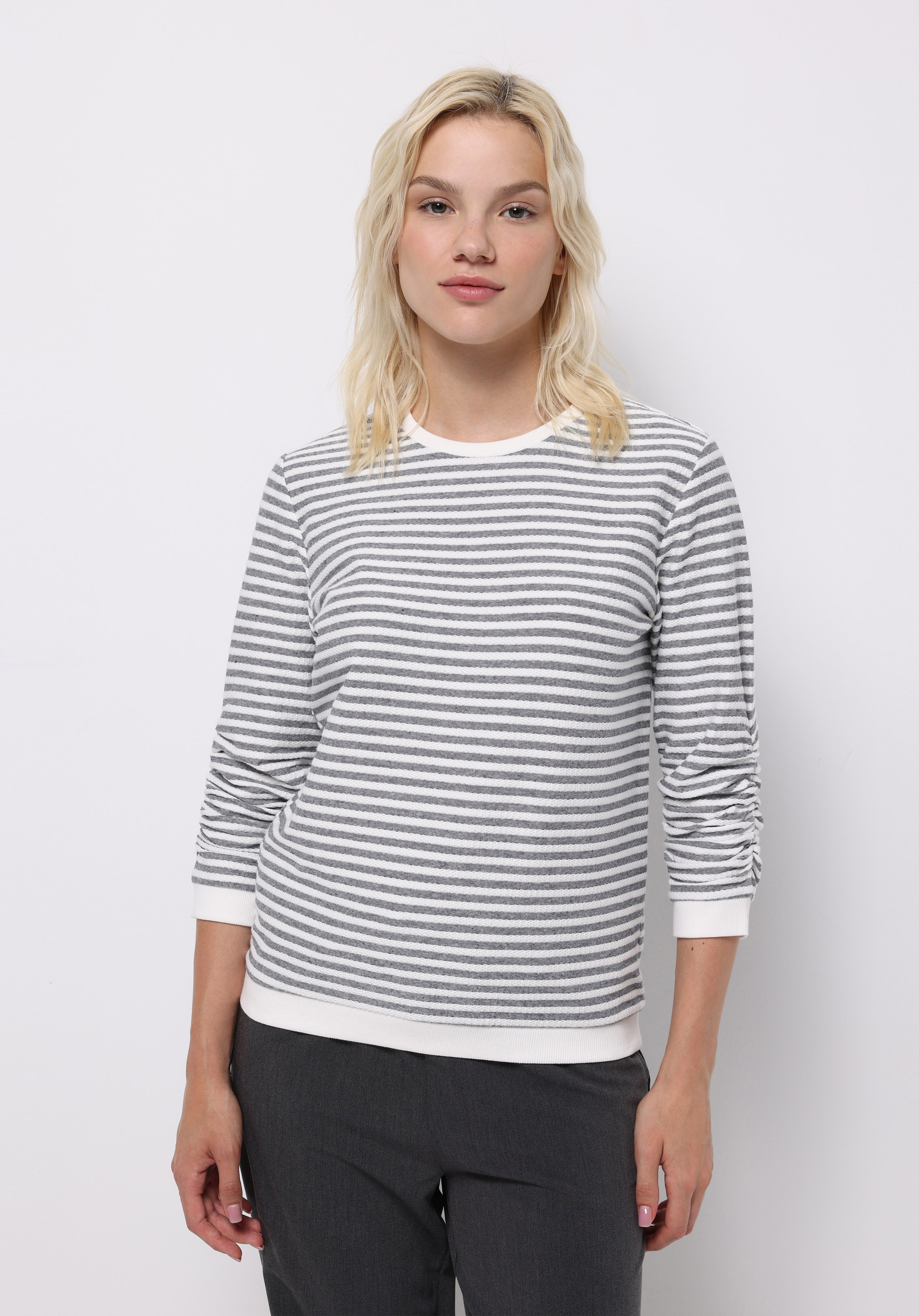 Regular Fit Yuvarlak Yaka Çizgili Kadın Beyaz ¾ Kol Tişört