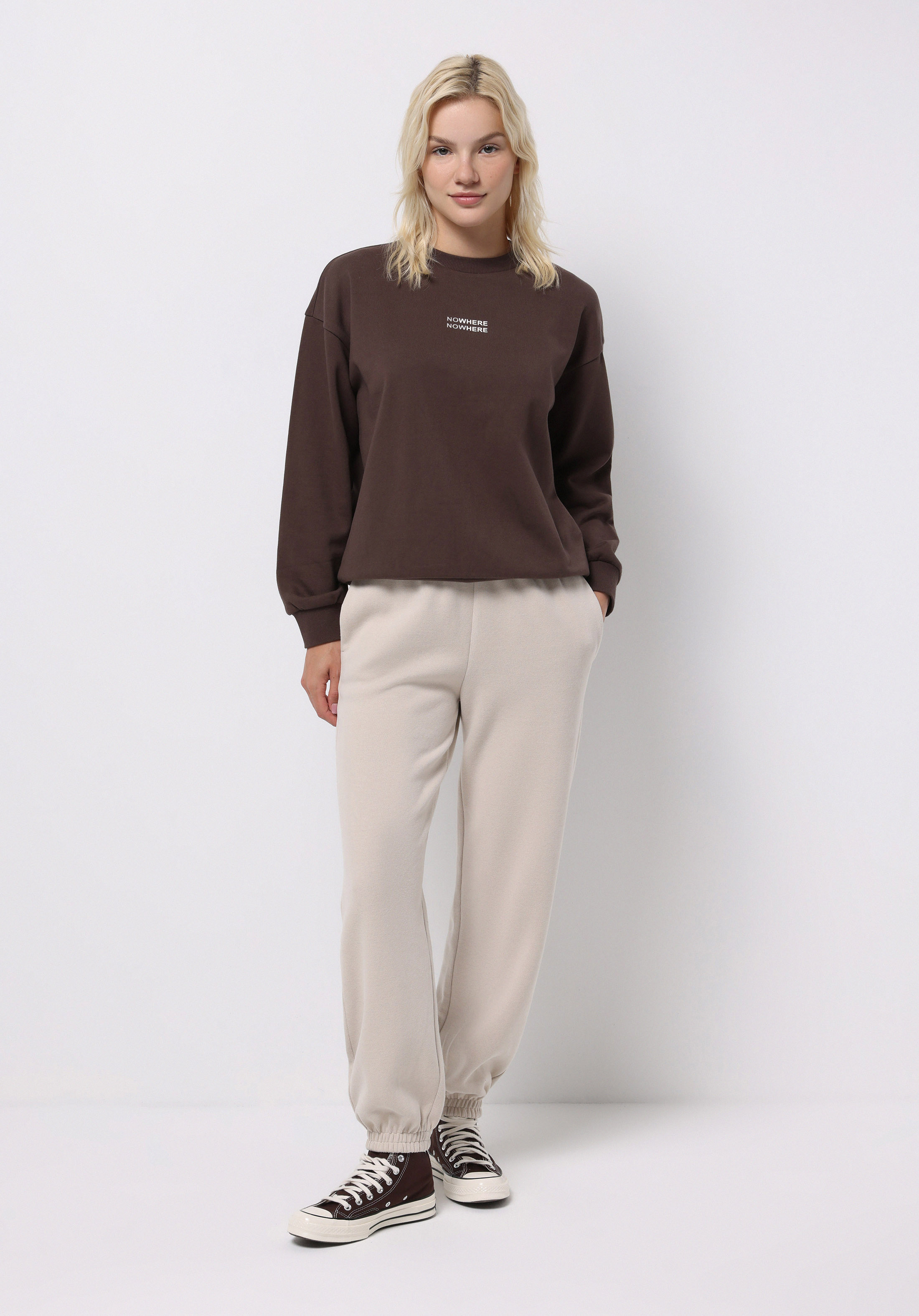 Regular Fit Yuvarlak Yaka Baskılı Kadın Kahverengi Sweatshirt