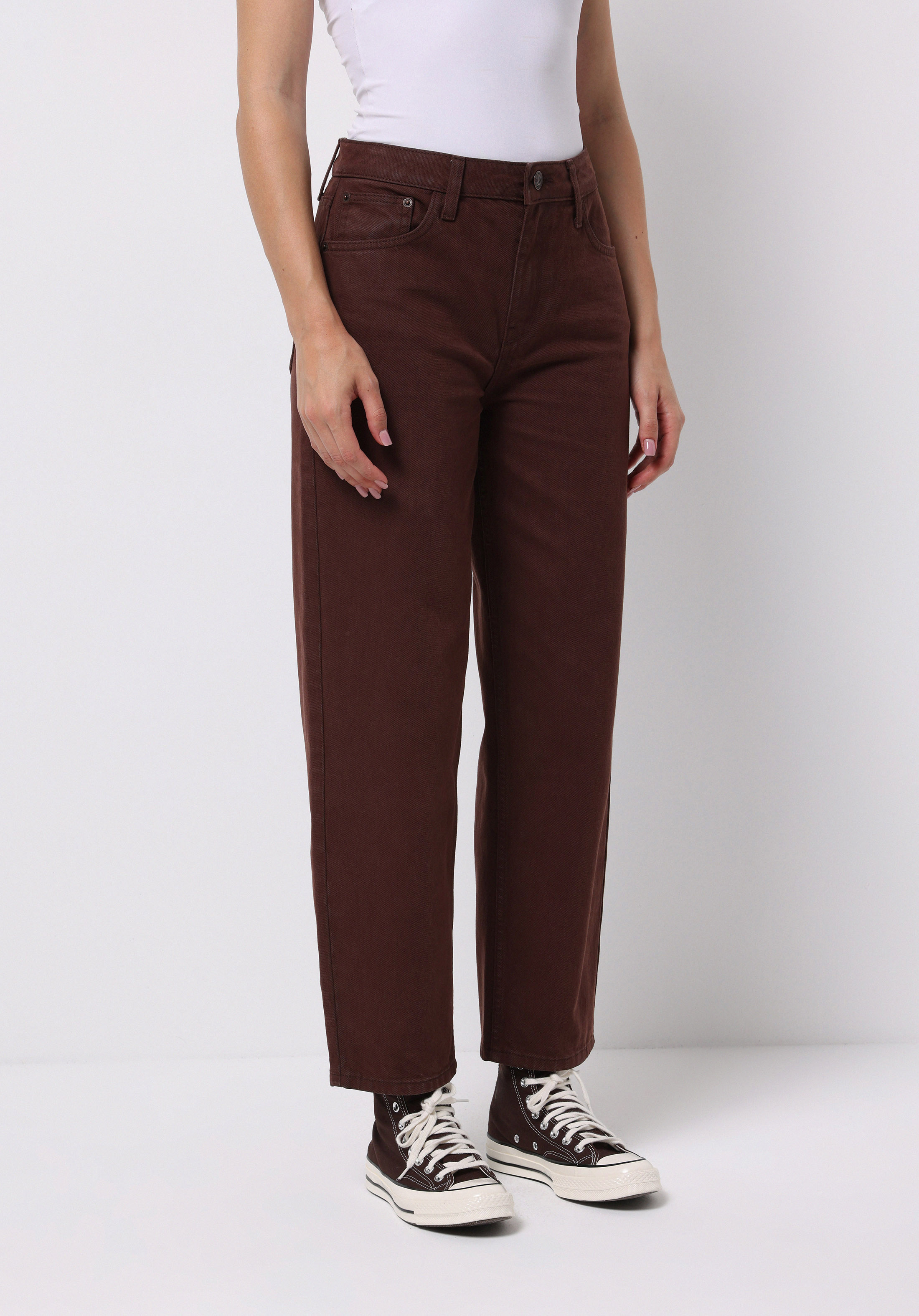 Barrel Fit Yüksel Bel Düz Paça Kadın Kahverengi  Pantolon