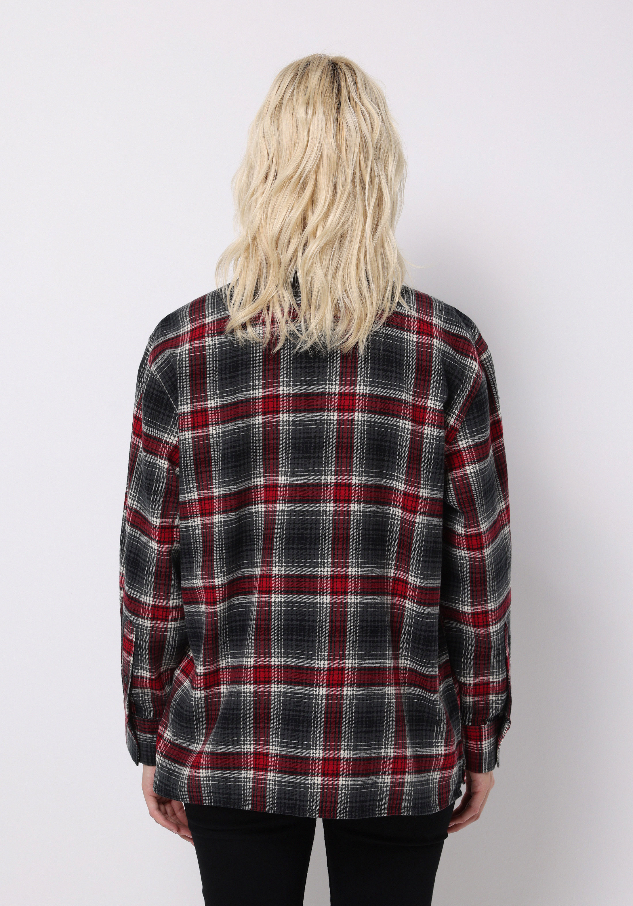 Regular Fit Shirt Neck Ekoseli Kadın Bordo Uzun Kol Gömlek