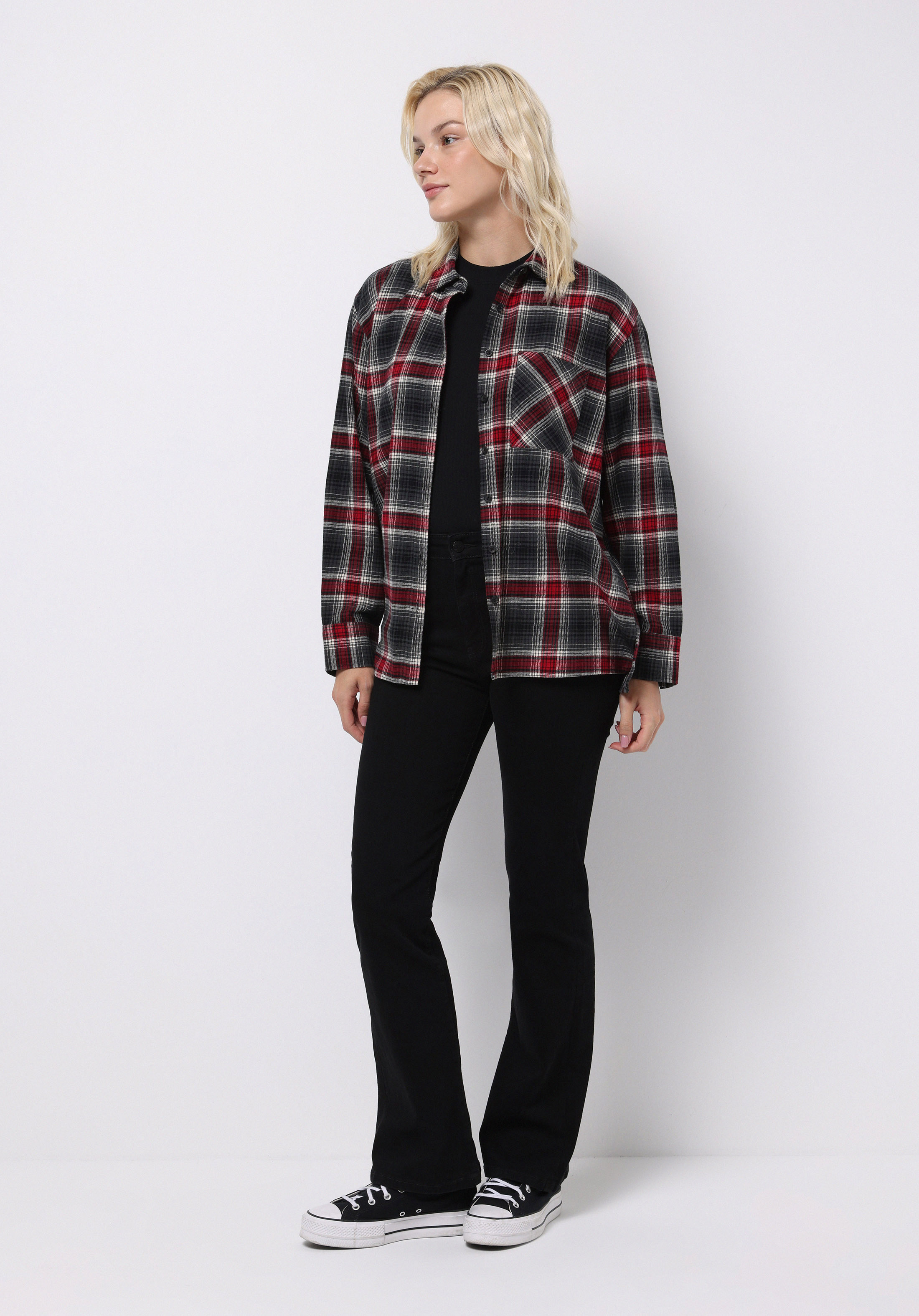 Regular Fit Shirt Neck Ekoseli Kadın Bordo Uzun Kol Gömlek