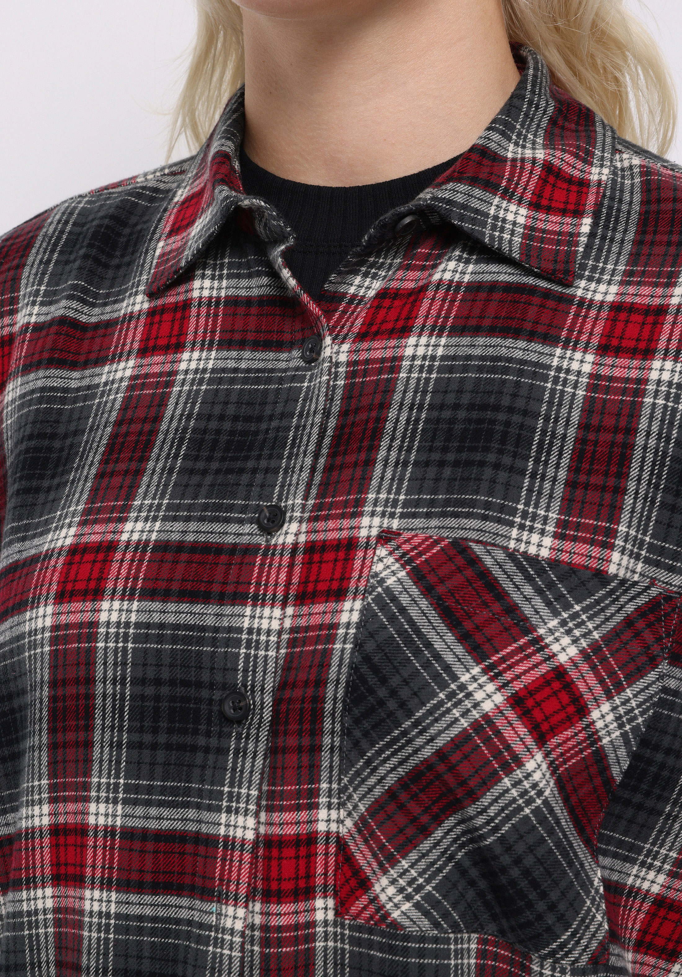 Regular Fit Shirt Neck Ekoseli Kadın Bordo Uzun Kol Gömlek