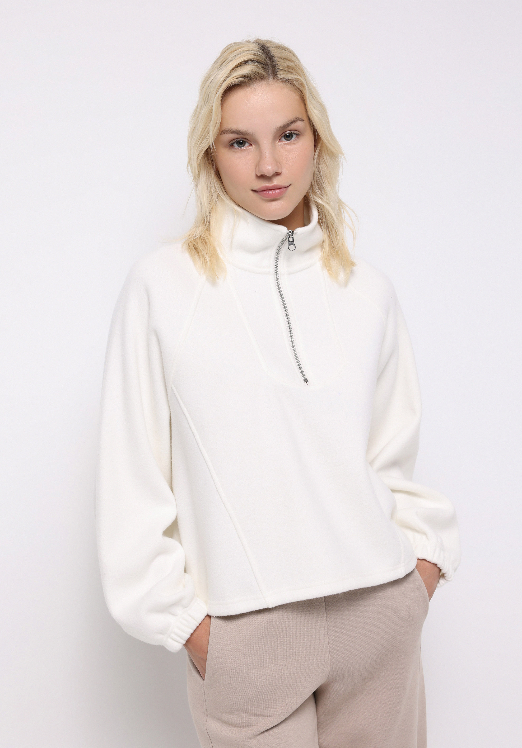 Relax Fit Fermuarlı Düz Kadın Ekru Sweatshirt