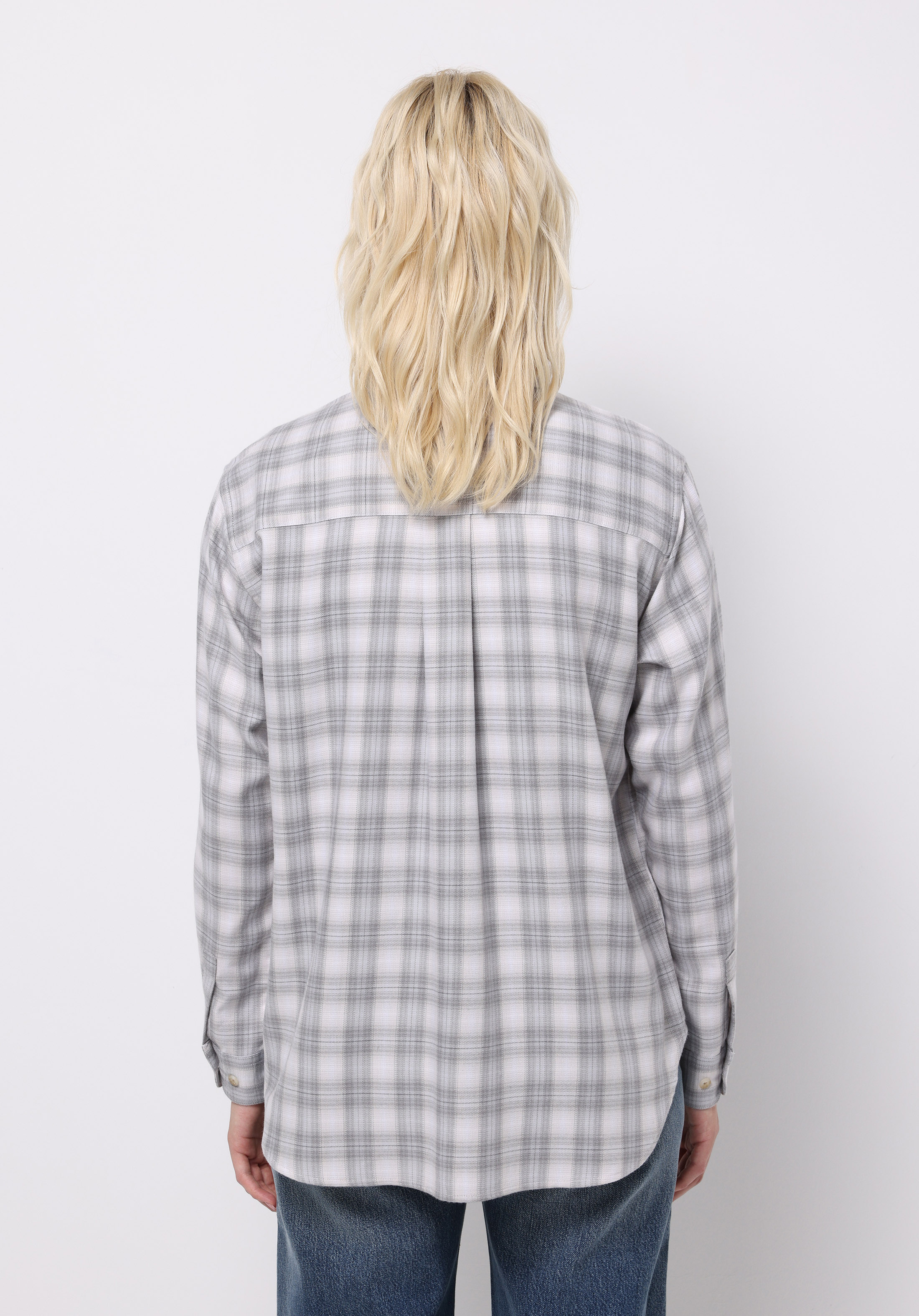 Regular Fit Shirt Neck Ekoseli Kadın Mavi Uzun Kol Gömlek