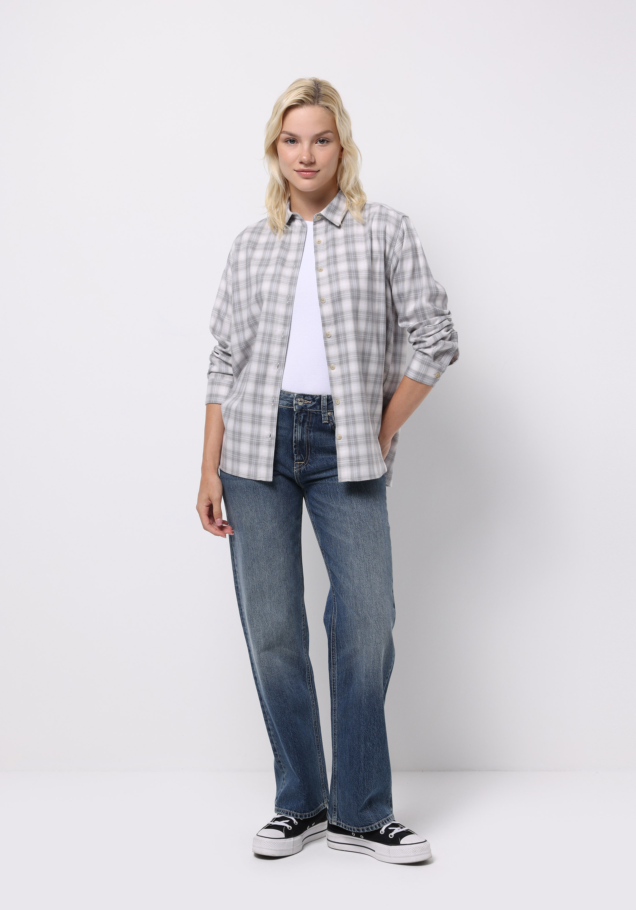 Regular Fit Shirt Neck Ekoseli Kadın Mavi Uzun Kol Gömlek