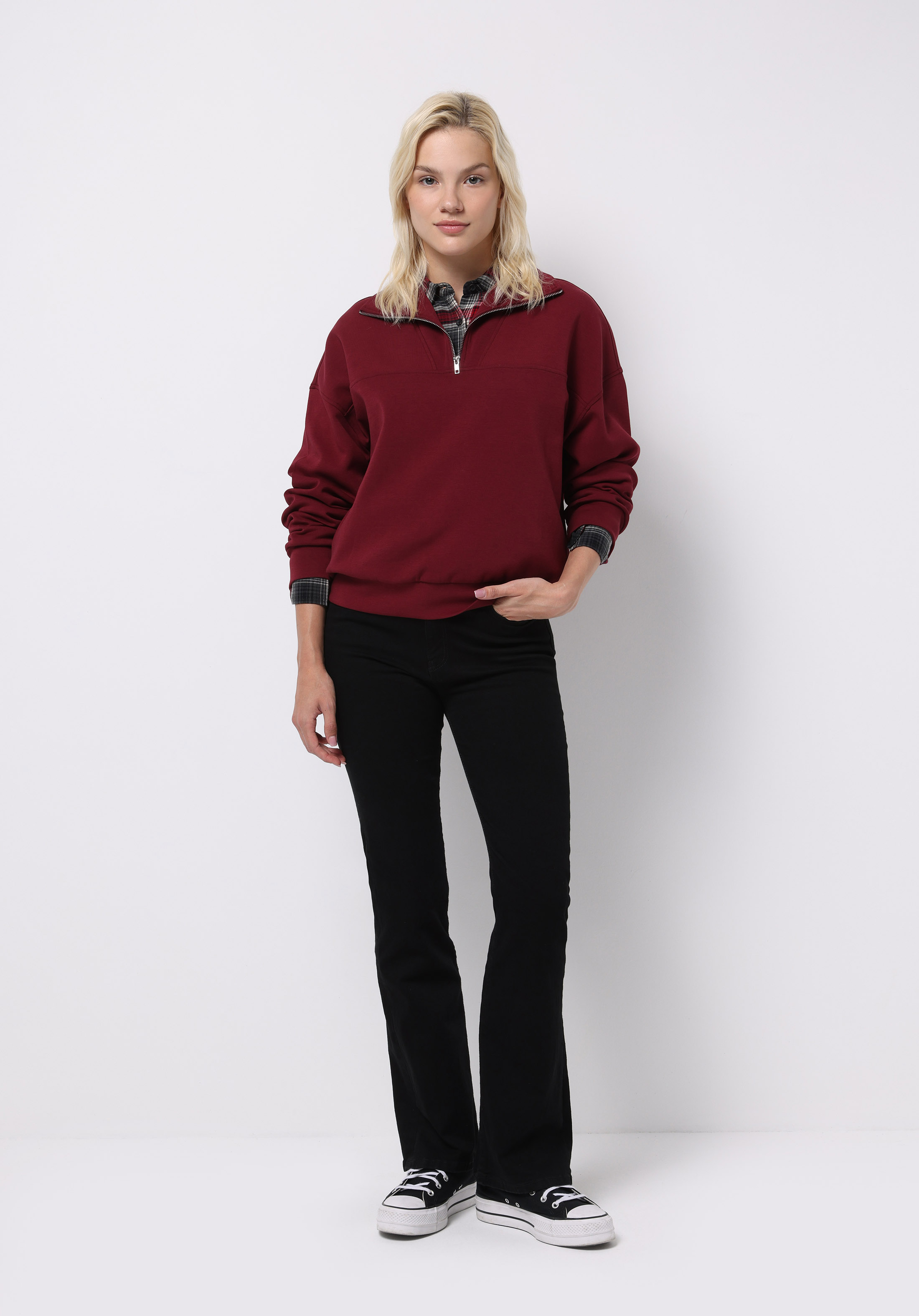 Regular Fit Fermuarlı Düz Kadın Bordo Sweatshirt
