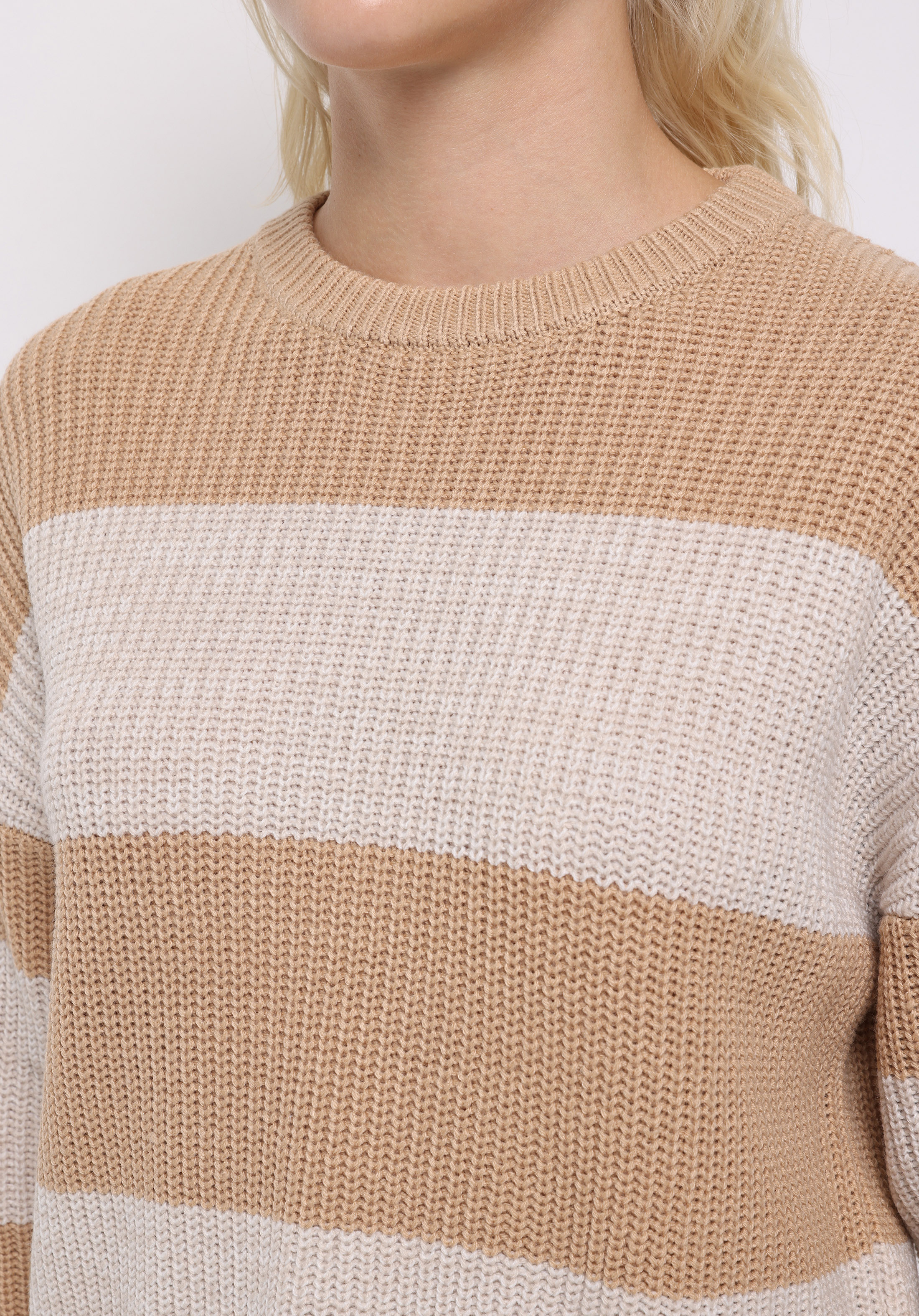 Regular Fit Yuvarlak Yaka Çizgili Kadın Bej Kazak