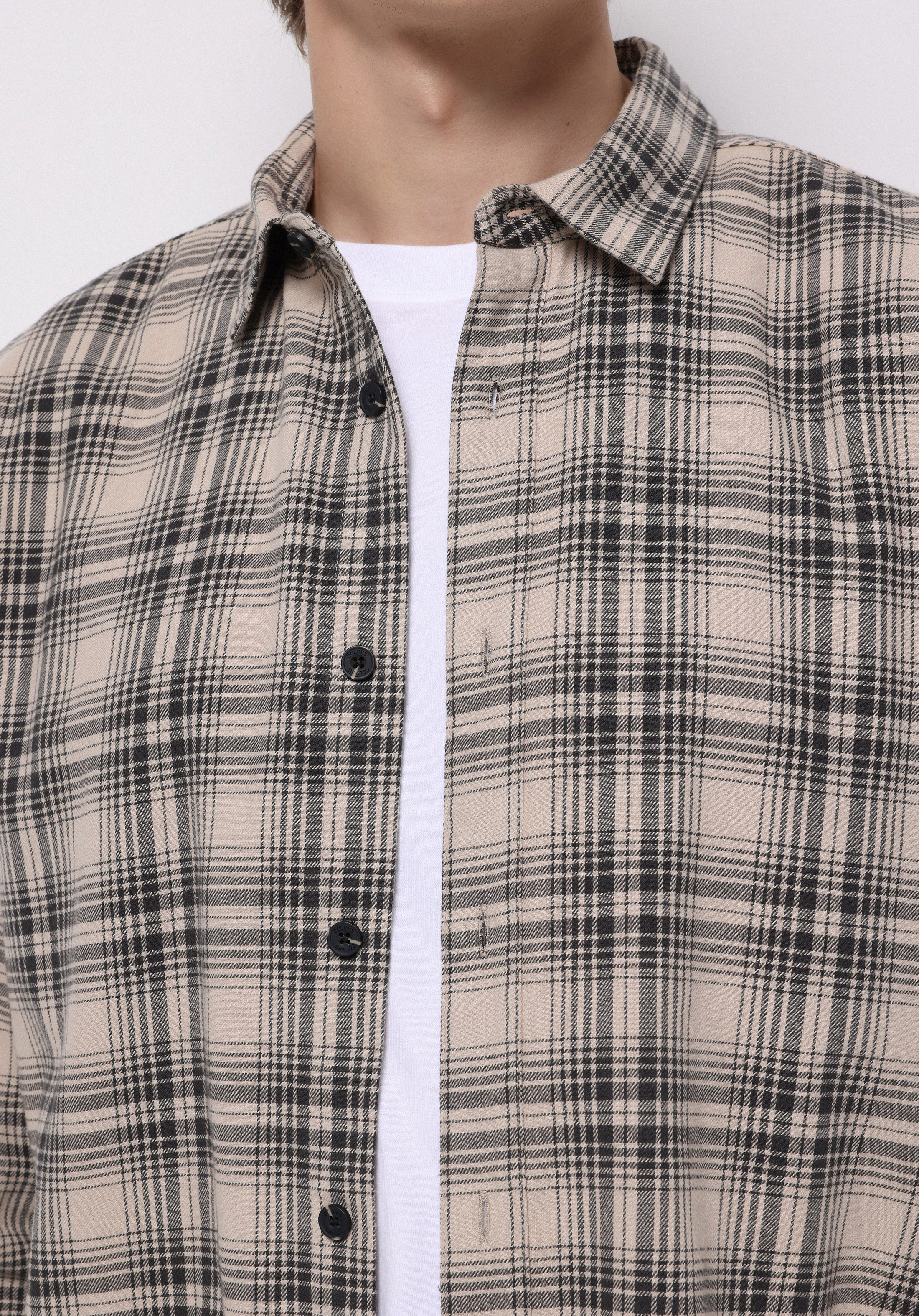 Regular Fit Shirt Neck Ekoseli Erkek Bej Uzun Kol Gömlek