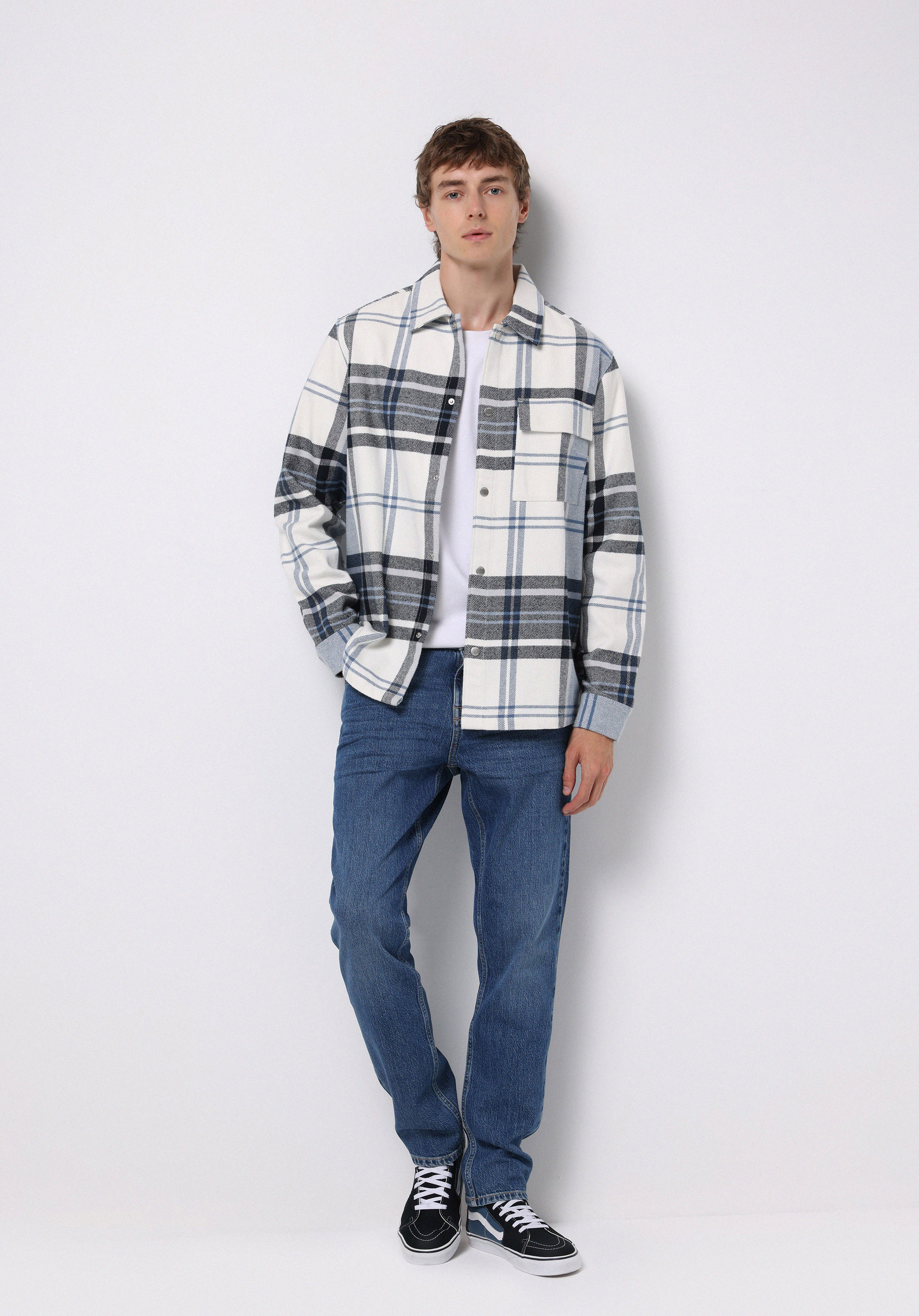 Comfort Fit Shirt Neck Ekoseli Erkek Mavi Shacket