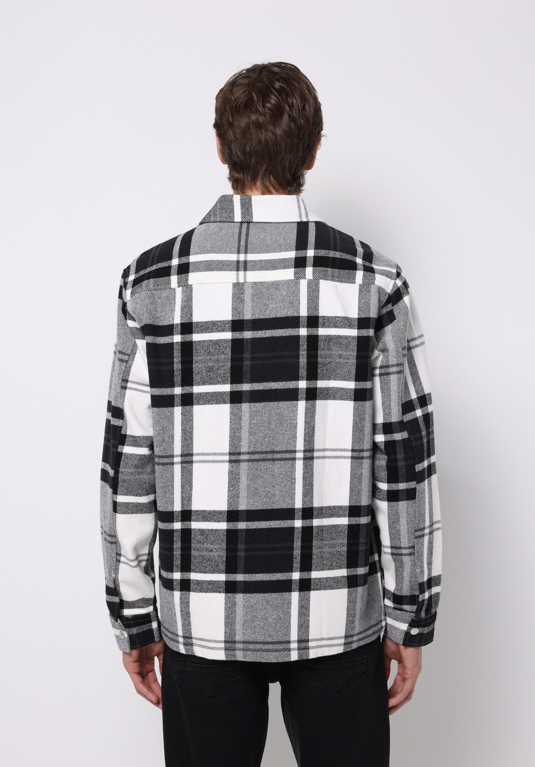 Comfort Fit Shirt Neck Ekoseli Erkek Siyah Shacket