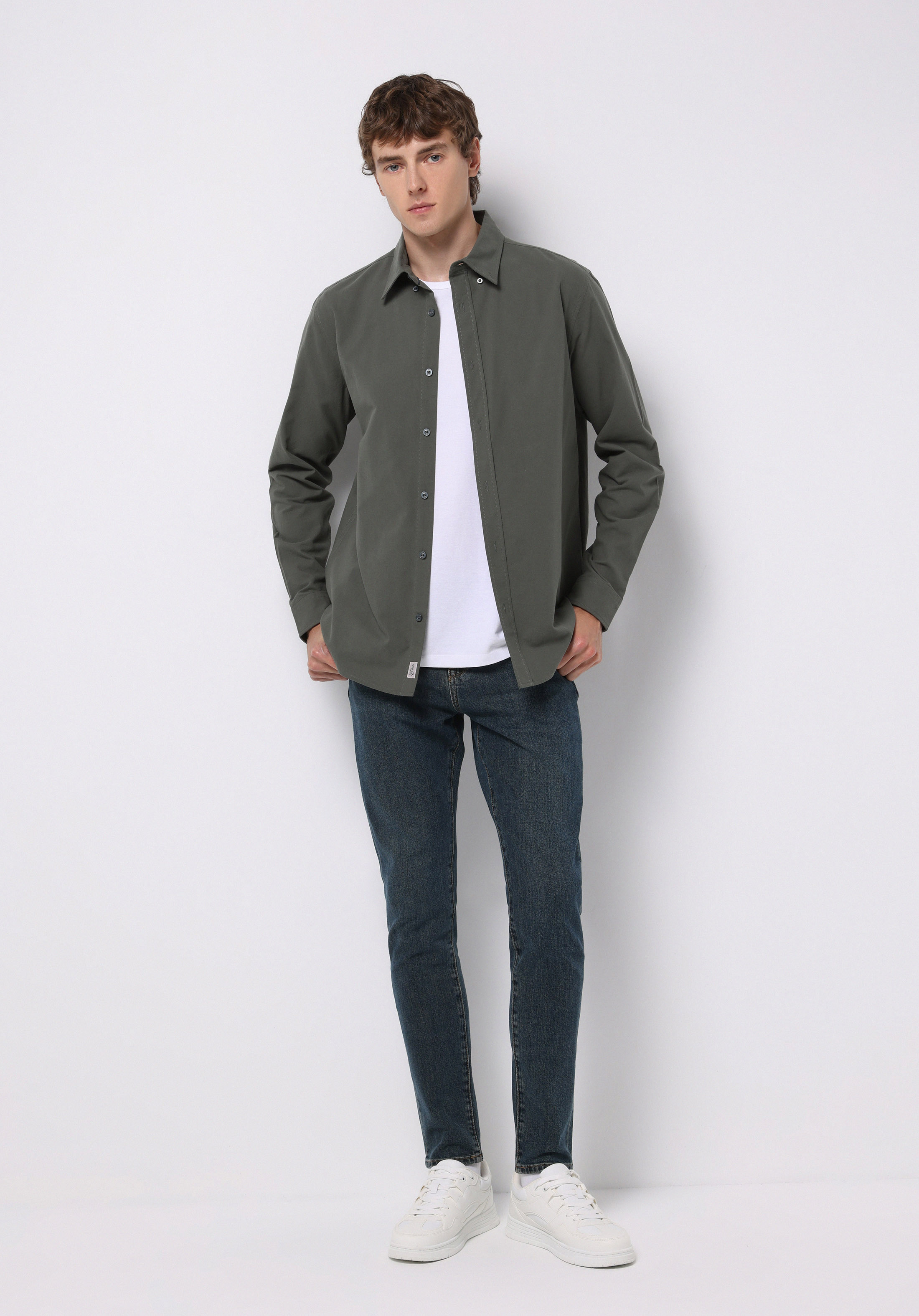 Regular Fit Shirt Neck Düz Erkek Yeşil Uzun Kol Gömlek