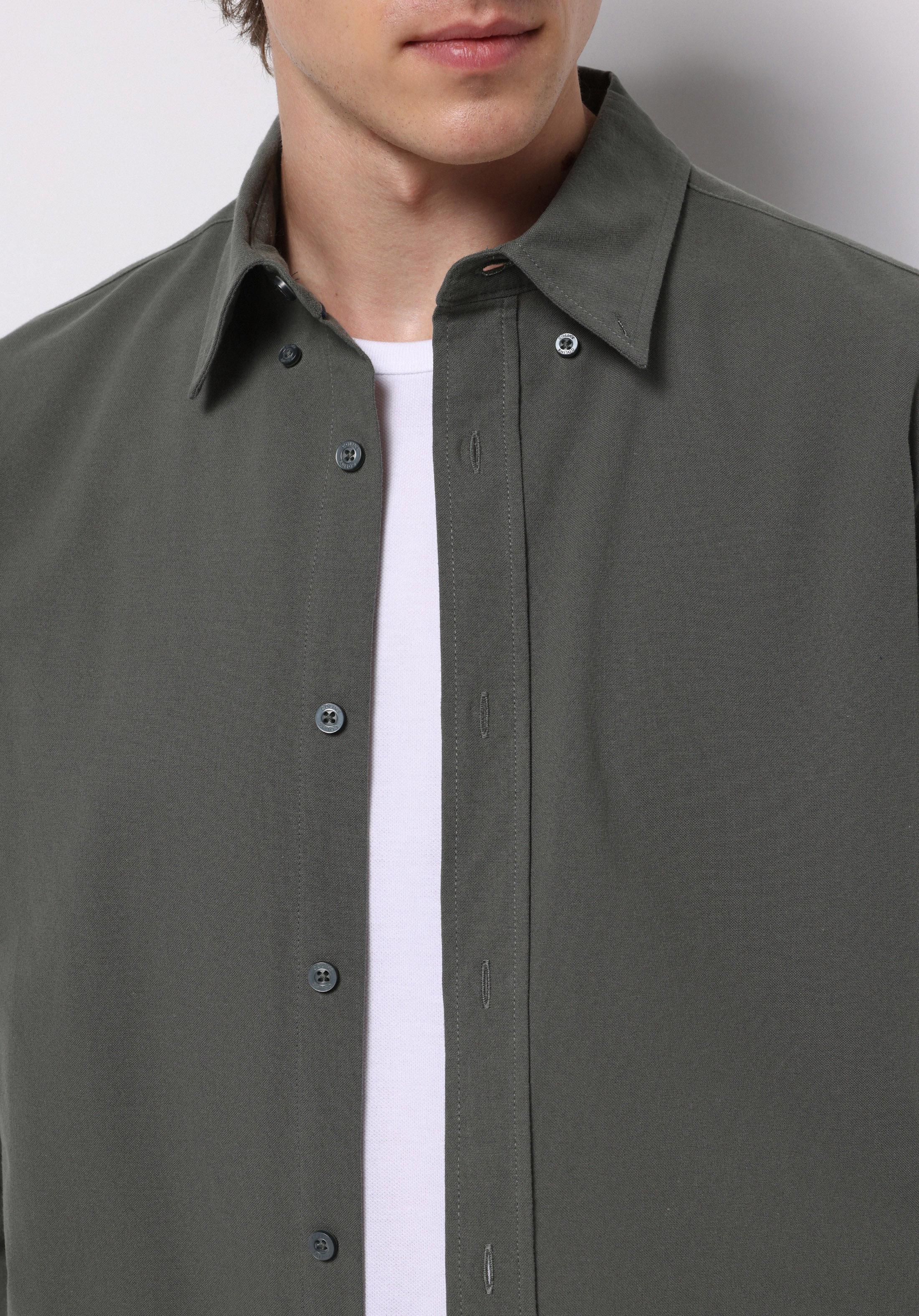 Regular Fit Shirt Neck Düz Erkek Yeşil Uzun Kol Gömlek