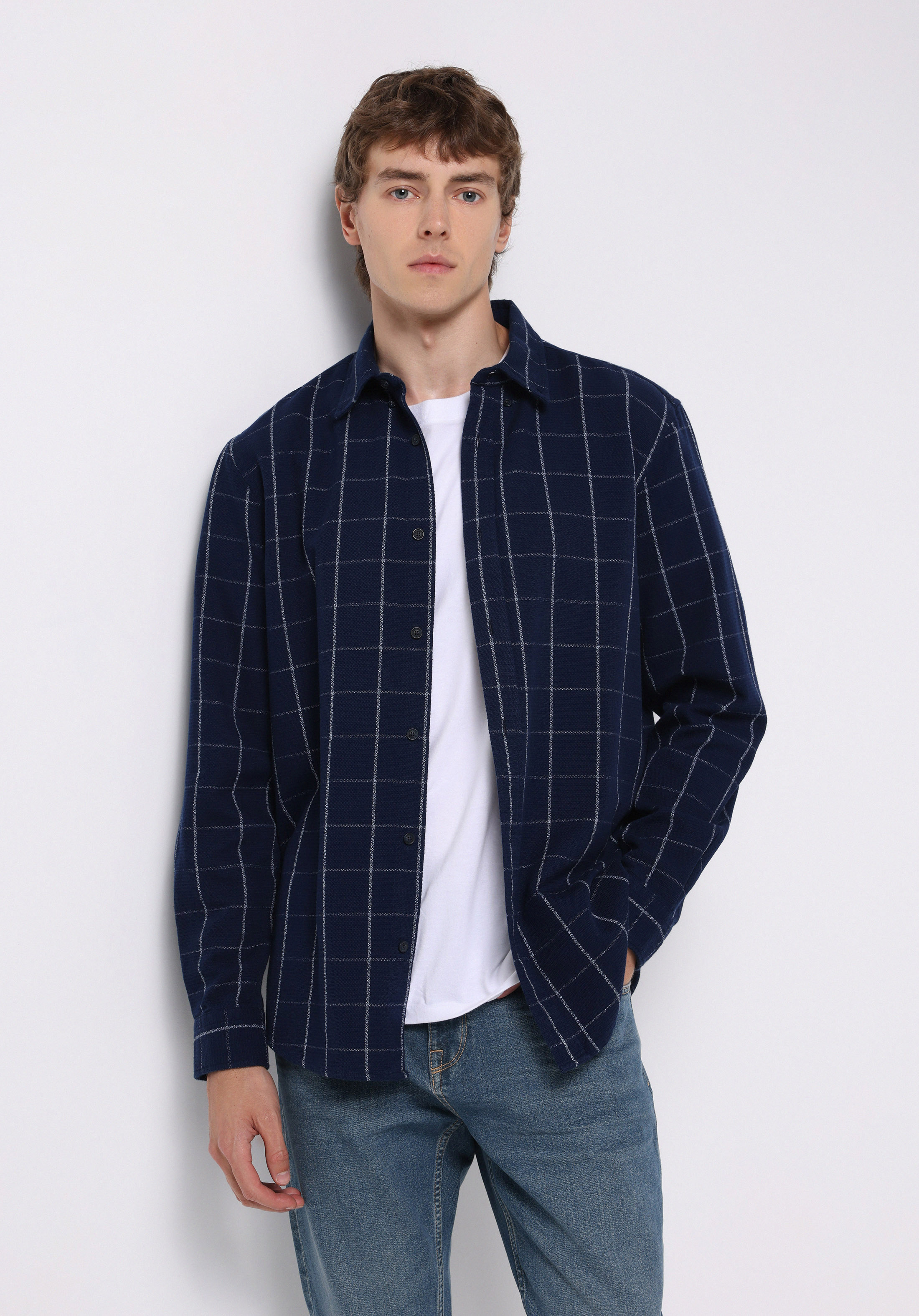 Regular Fit Shirt Neck Kareli Erkek Lacivert Uzun Kol Gömlek