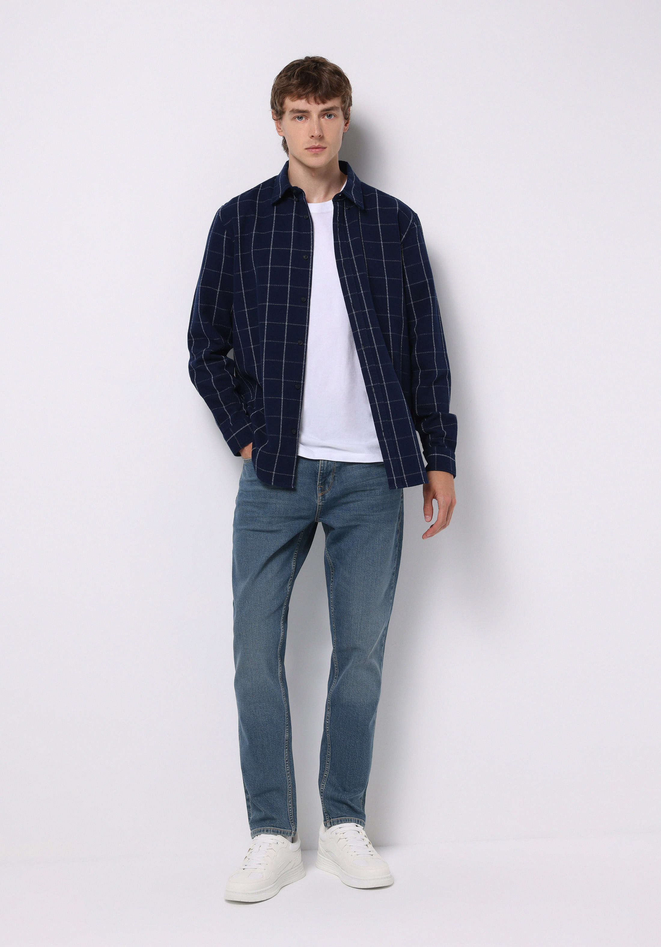 Regular Fit Shirt Neck Kareli Erkek Lacivert Uzun Kol Gömlek