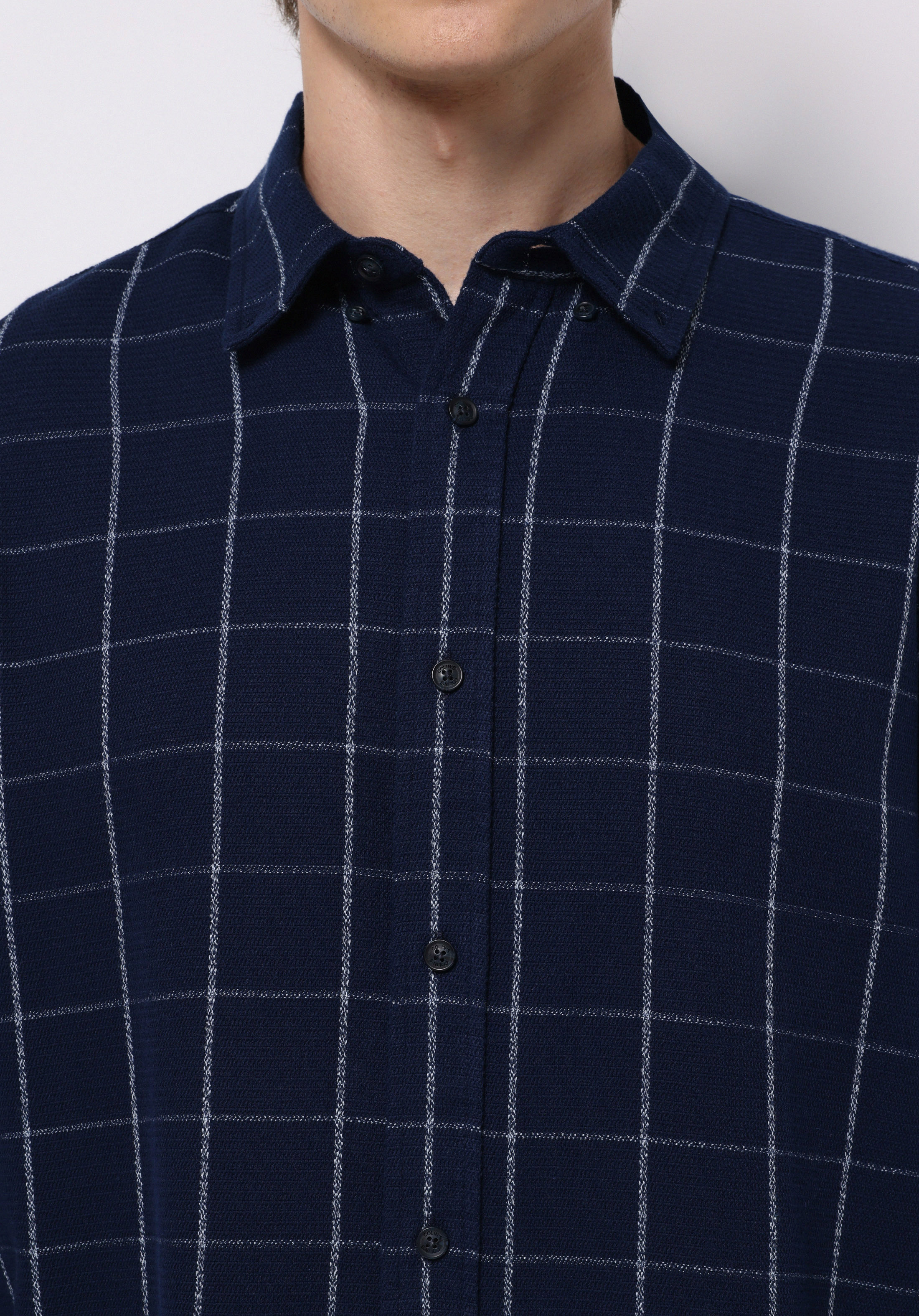 Regular Fit Shirt Neck Kareli Erkek Lacivert Uzun Kol Gömlek