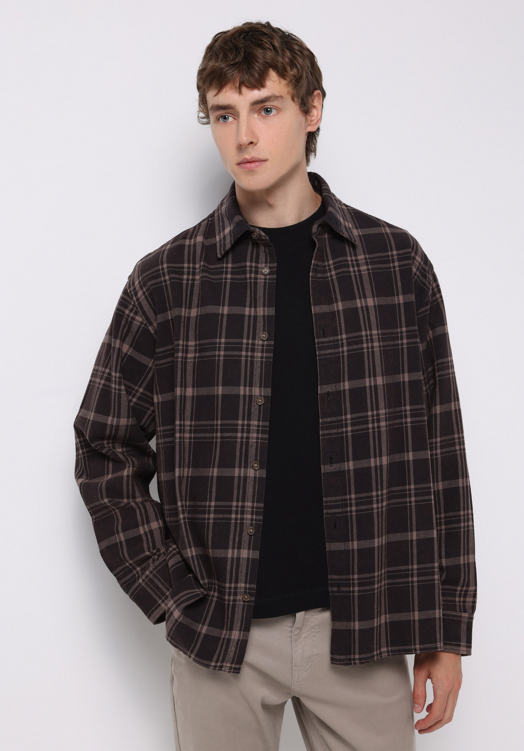 Comfort Fit Shirt Neck Ekoseli Erkek Kahverengi Uzun Kol Gömlek