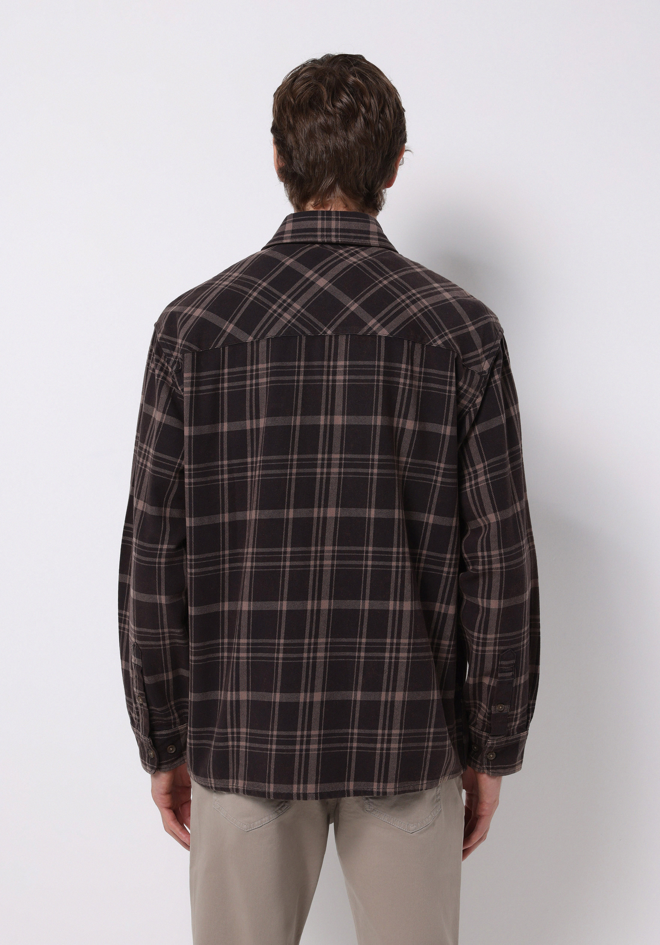 Comfort Fit Shirt Neck Ekoseli Erkek Kahverengi Uzun Kol Gömlek