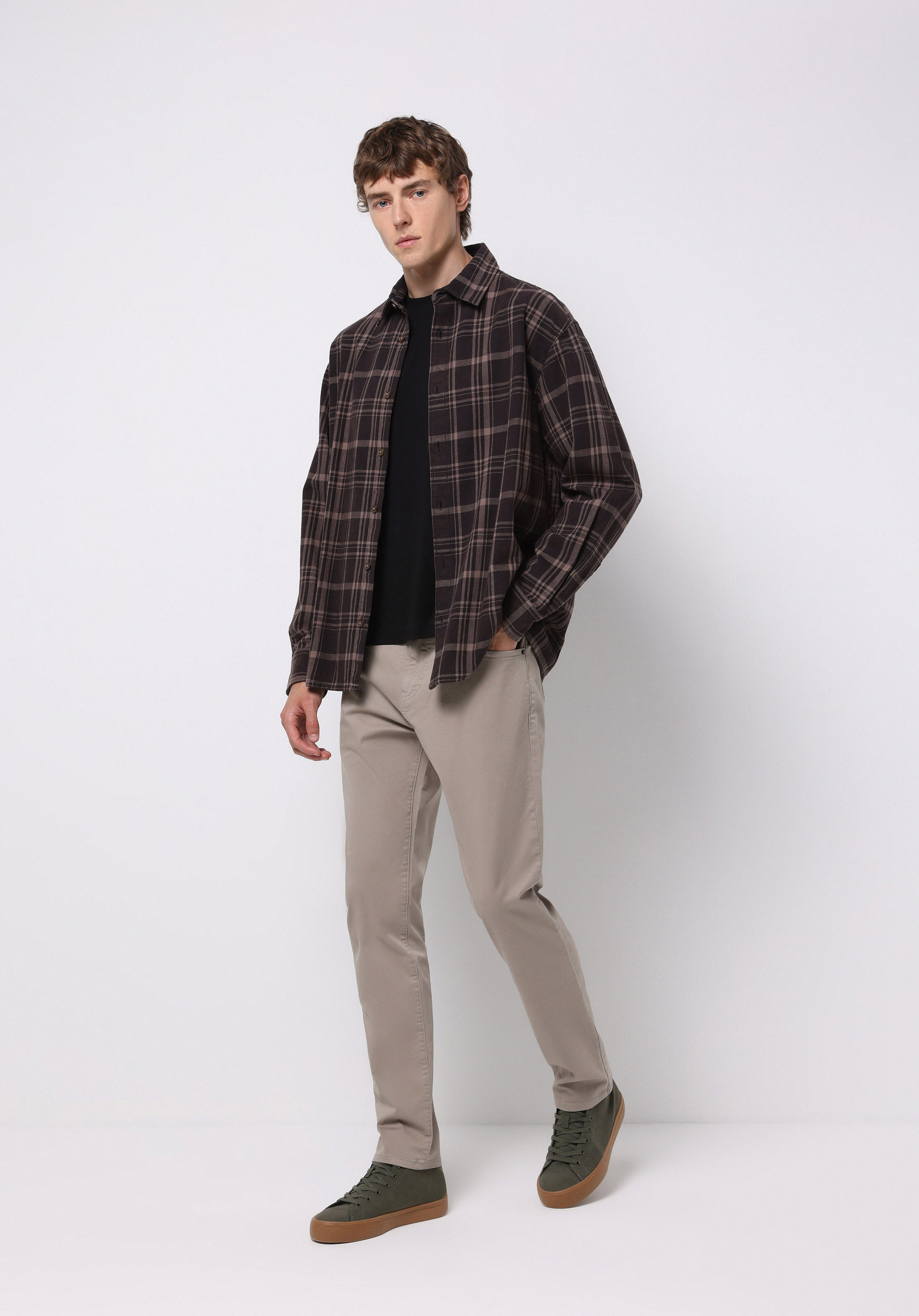 Comfort Fit Shirt Neck Ekoseli Erkek Kahverengi Uzun Kol Gömlek