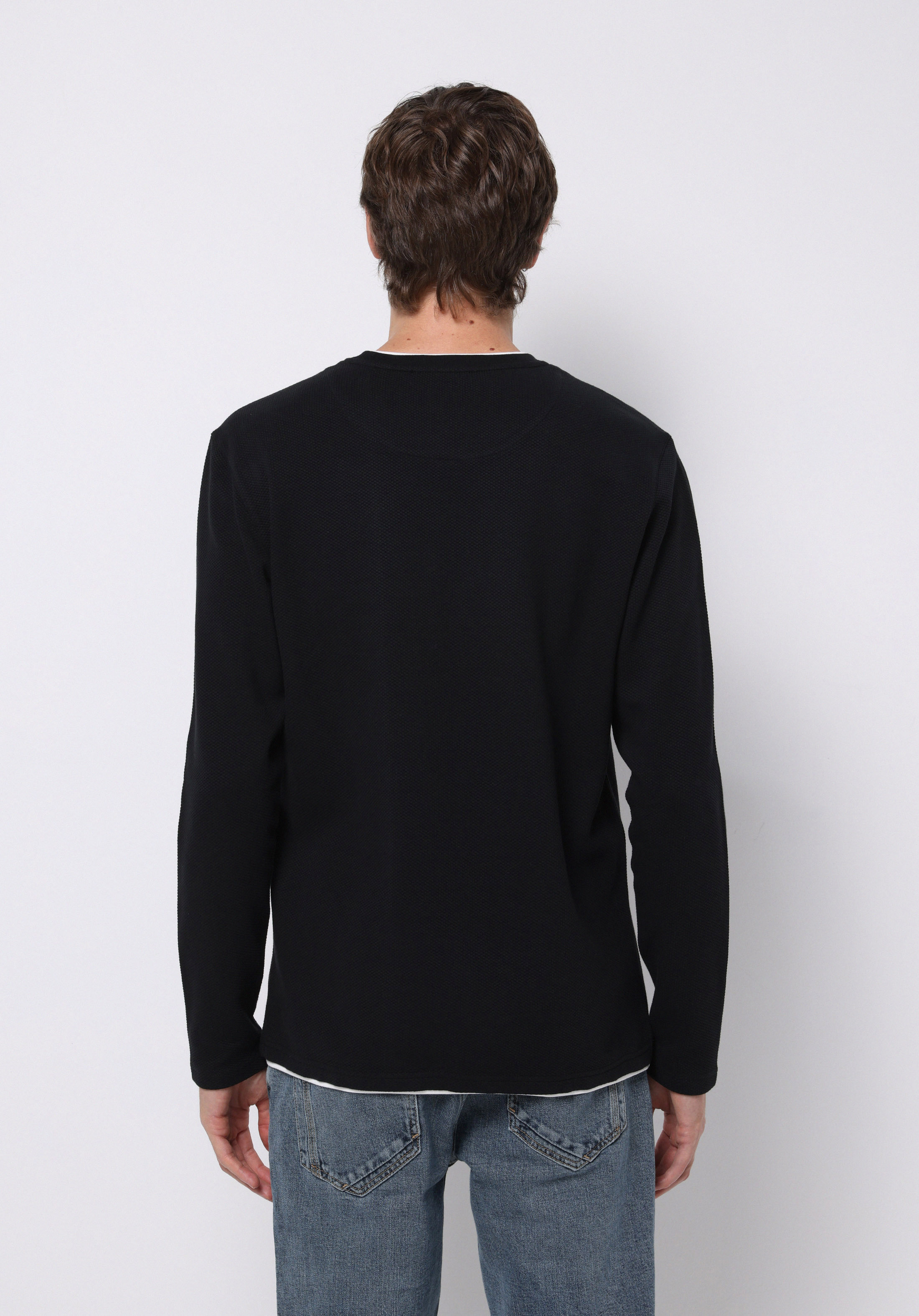 Regular Fit Yuvarlak Yaka Jakarlı Erkek Siyah Uzun Kol Tişört
