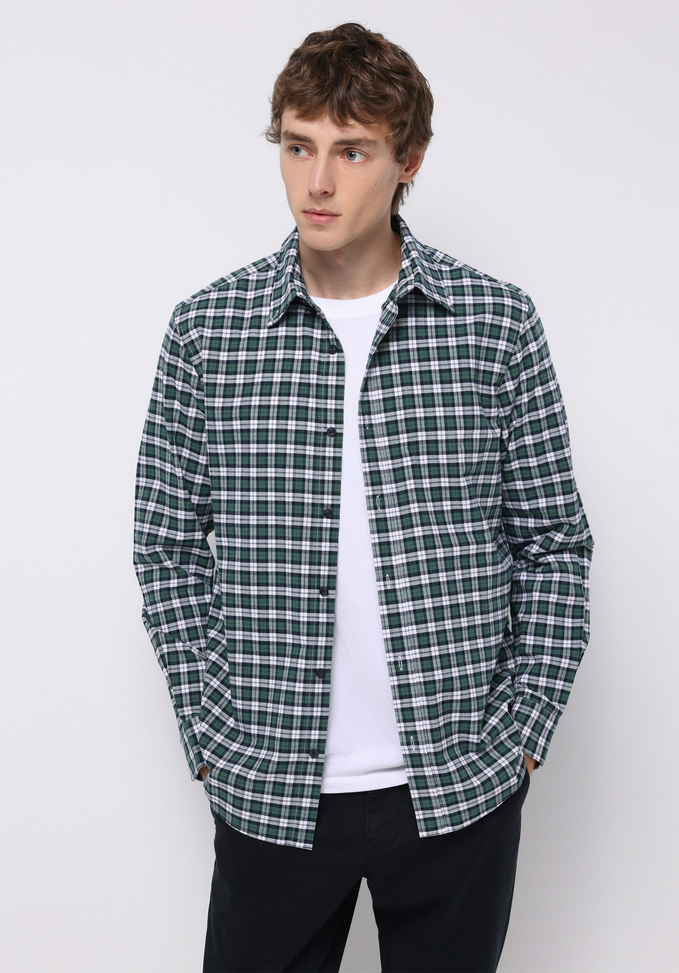 Regular Fit Shirt Neck Ekoseli Erkek Yeşil Uzun Kol Gömlek