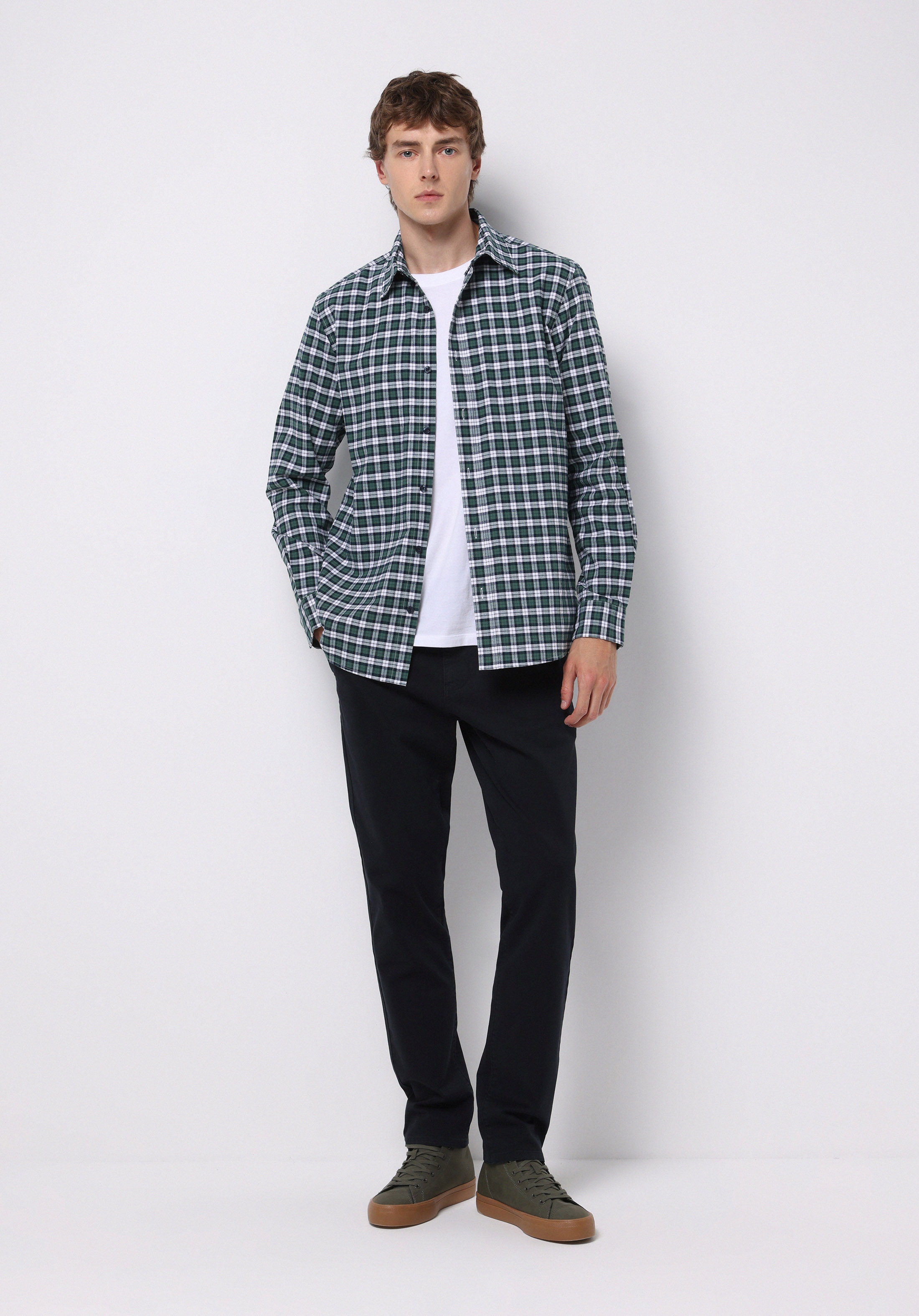 Regular Fit Shirt Neck Ekoseli Erkek Yeşil Uzun Kol Gömlek