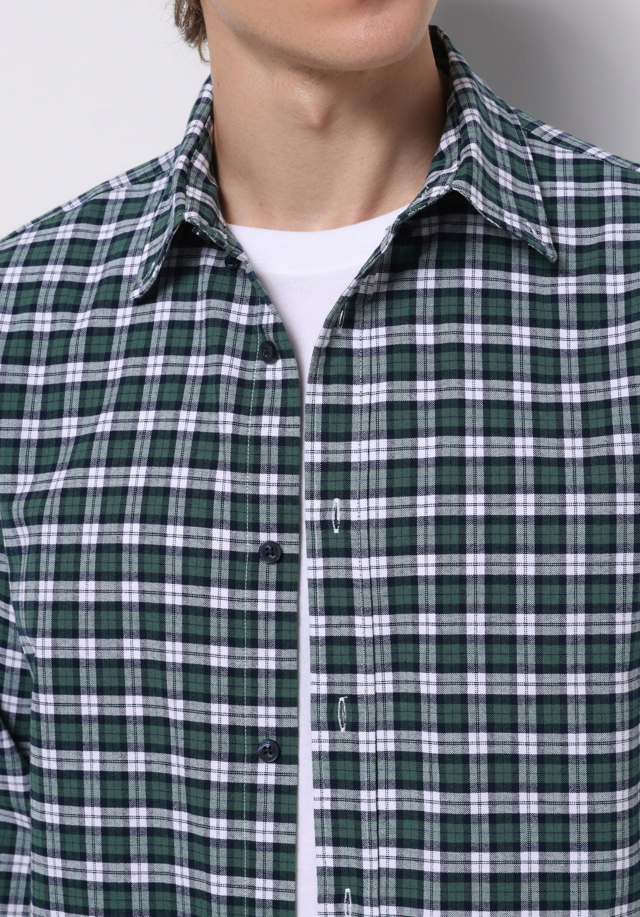 Regular Fit Shirt Neck Ekoseli Erkek Yeşil Uzun Kol Gömlek