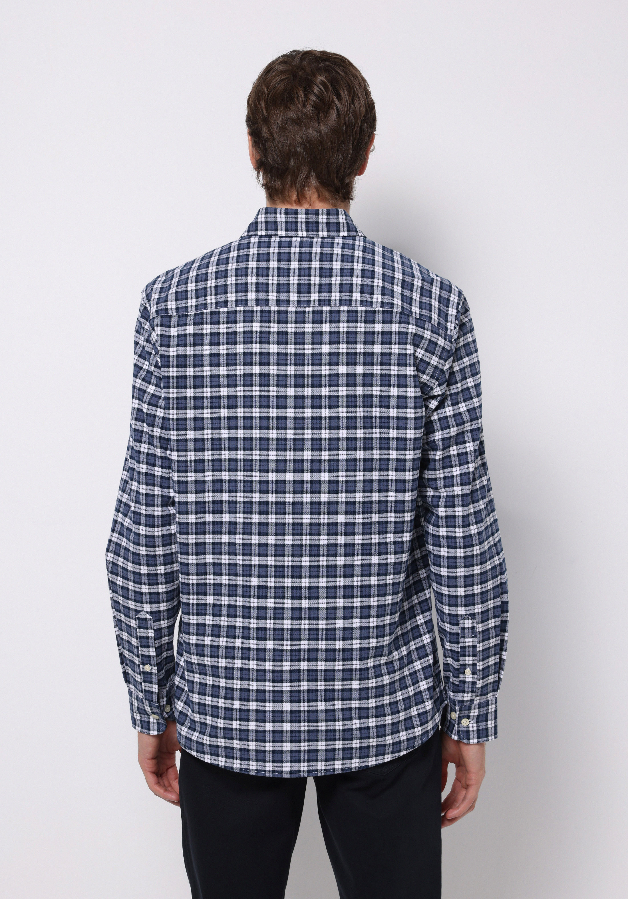 Regular Fit Shirt Neck Ekoseli Erkek Lacivert Uzun Kol Gömlek