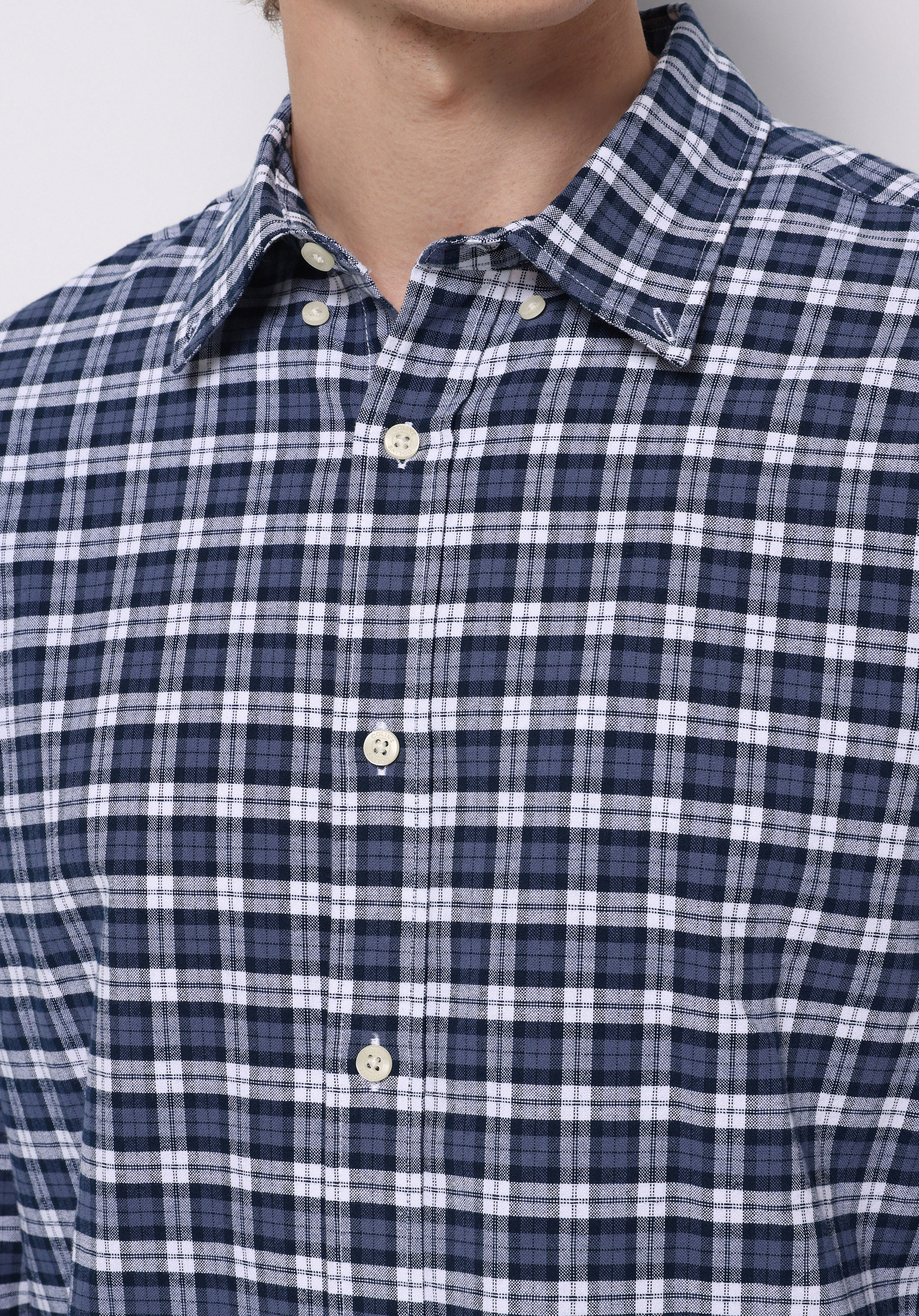 Regular Fit Shirt Neck Ekoseli Erkek Lacivert Uzun Kol Gömlek