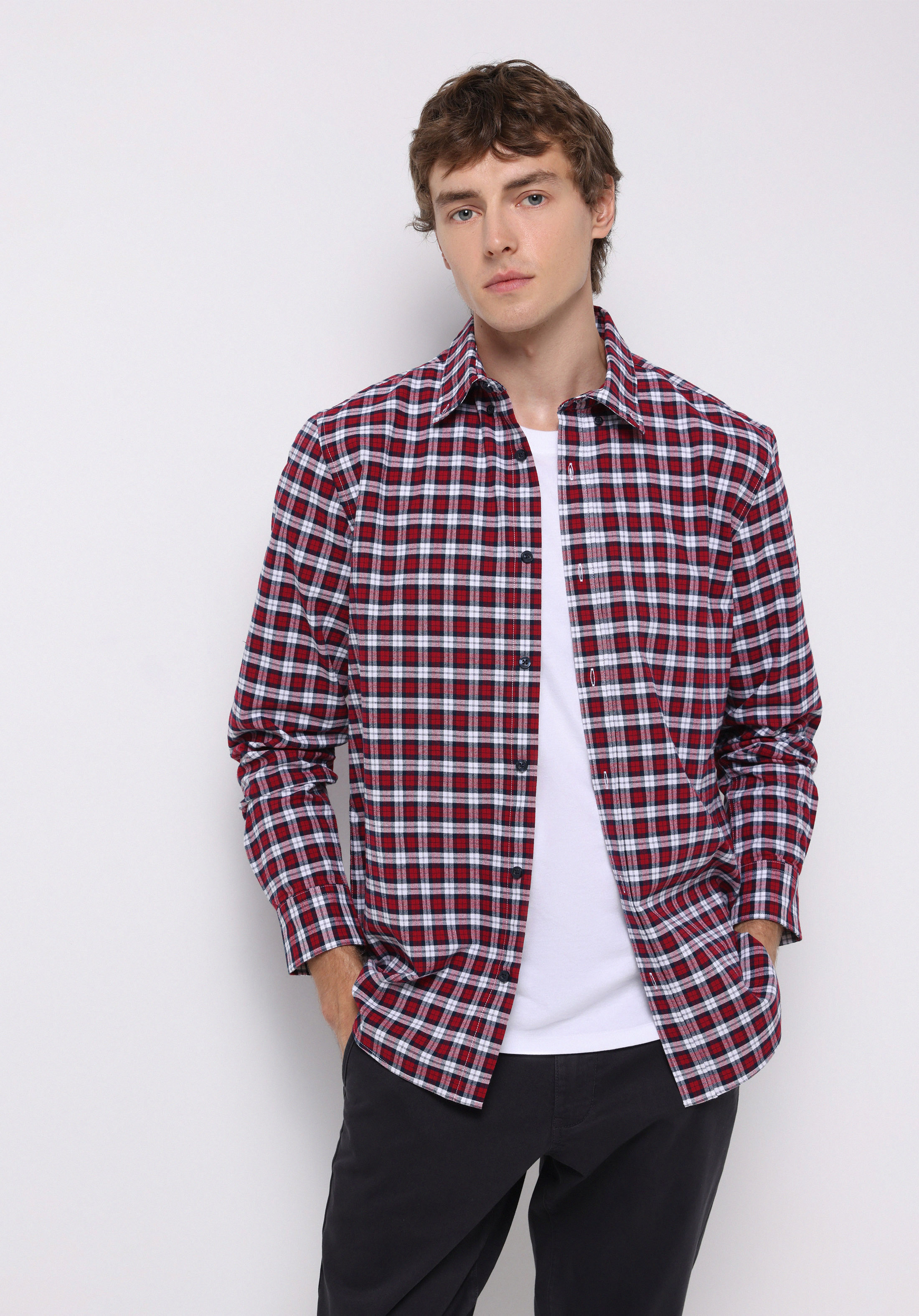 Regular Fit Shirt Neck Ekoseli Erkek Kirmizi Uzun Kol Gömlek