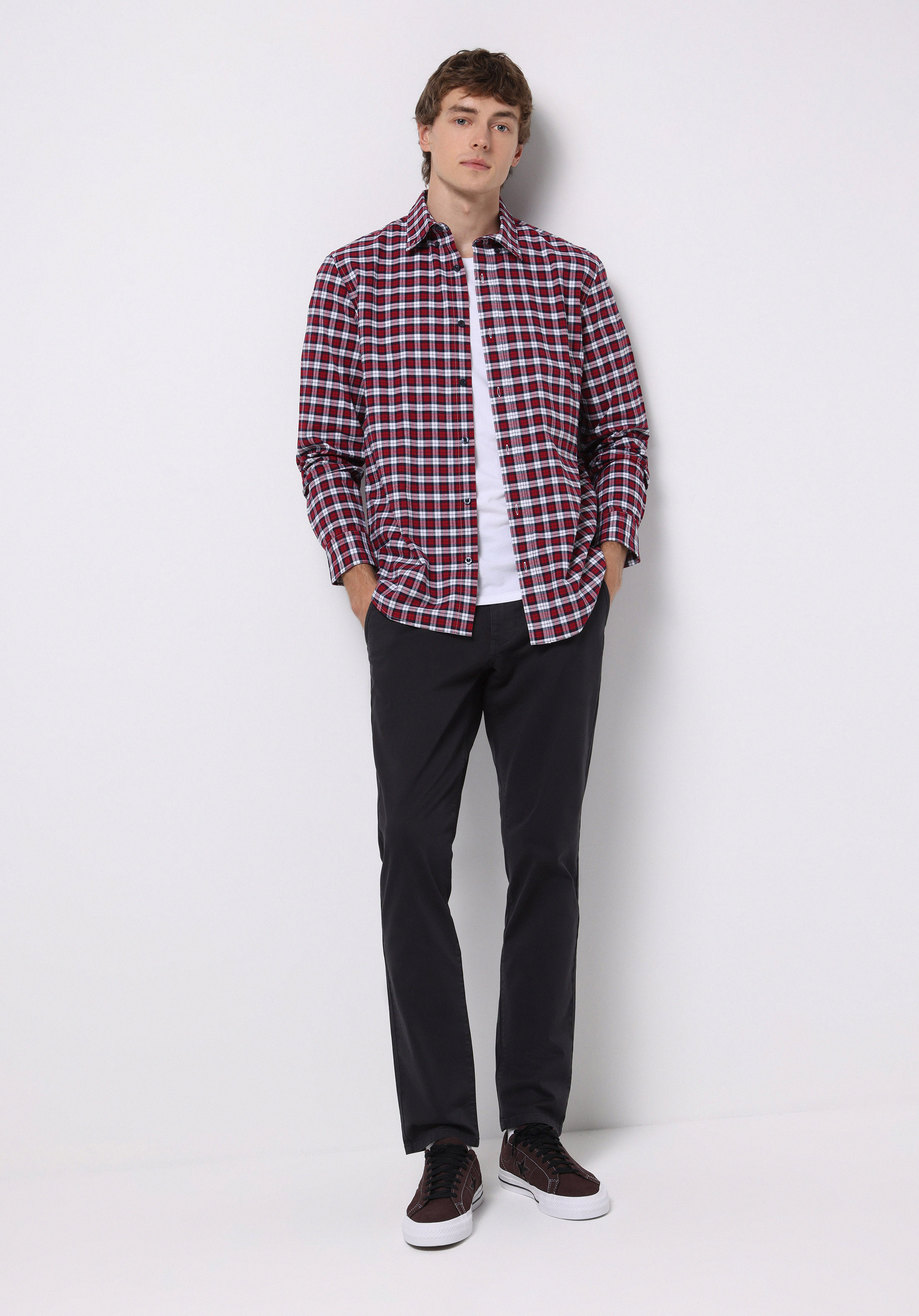 Regular Fit Shirt Neck Ekoseli Erkek Kirmizi Uzun Kol Gömlek