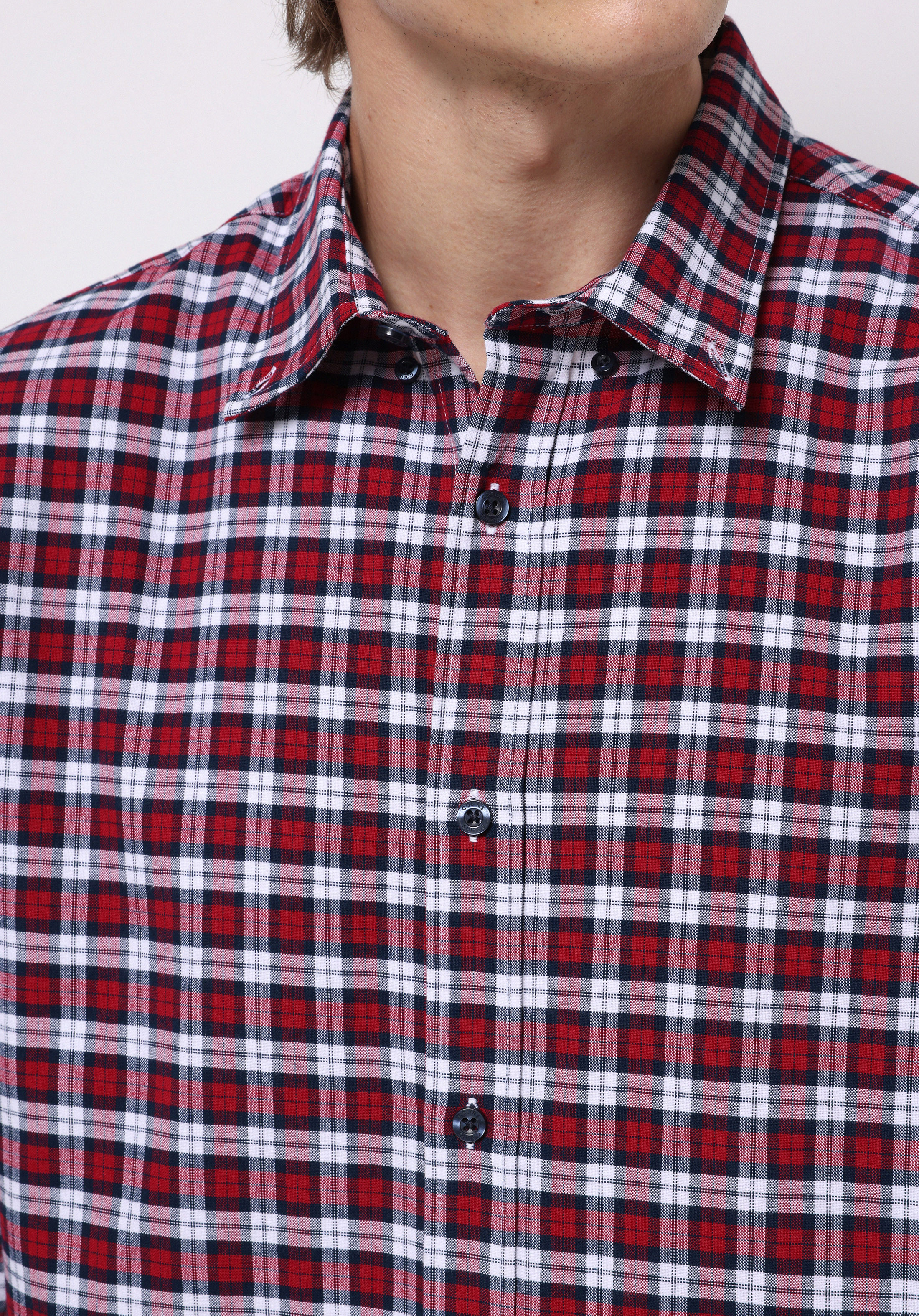 Regular Fit Shirt Neck Ekoseli Erkek Kirmizi Uzun Kol Gömlek