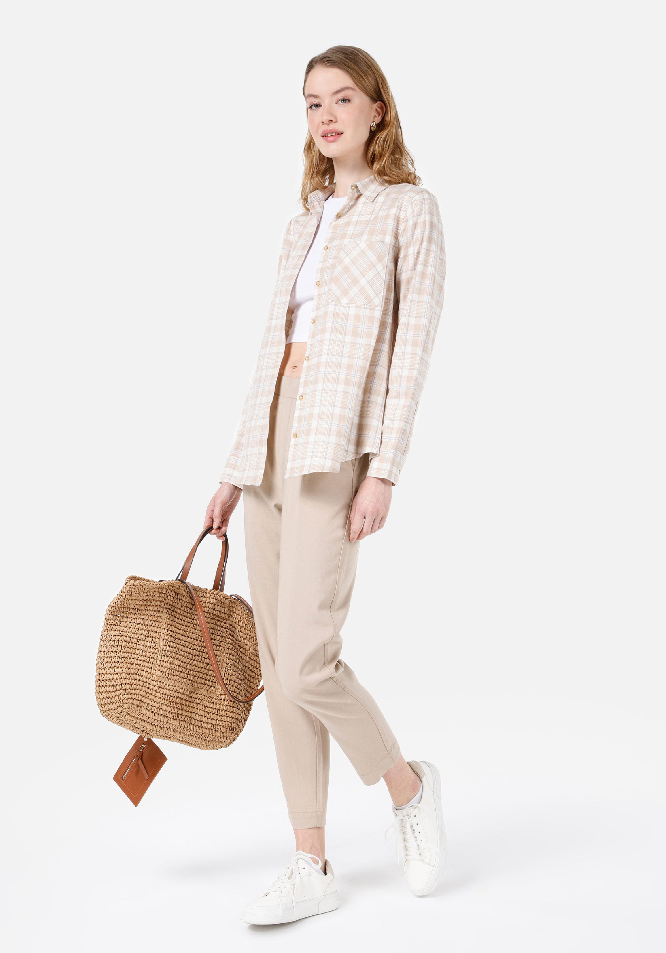 Regular Fit Yüksek Bel Düz Paça Kadın Bej  Pantolon