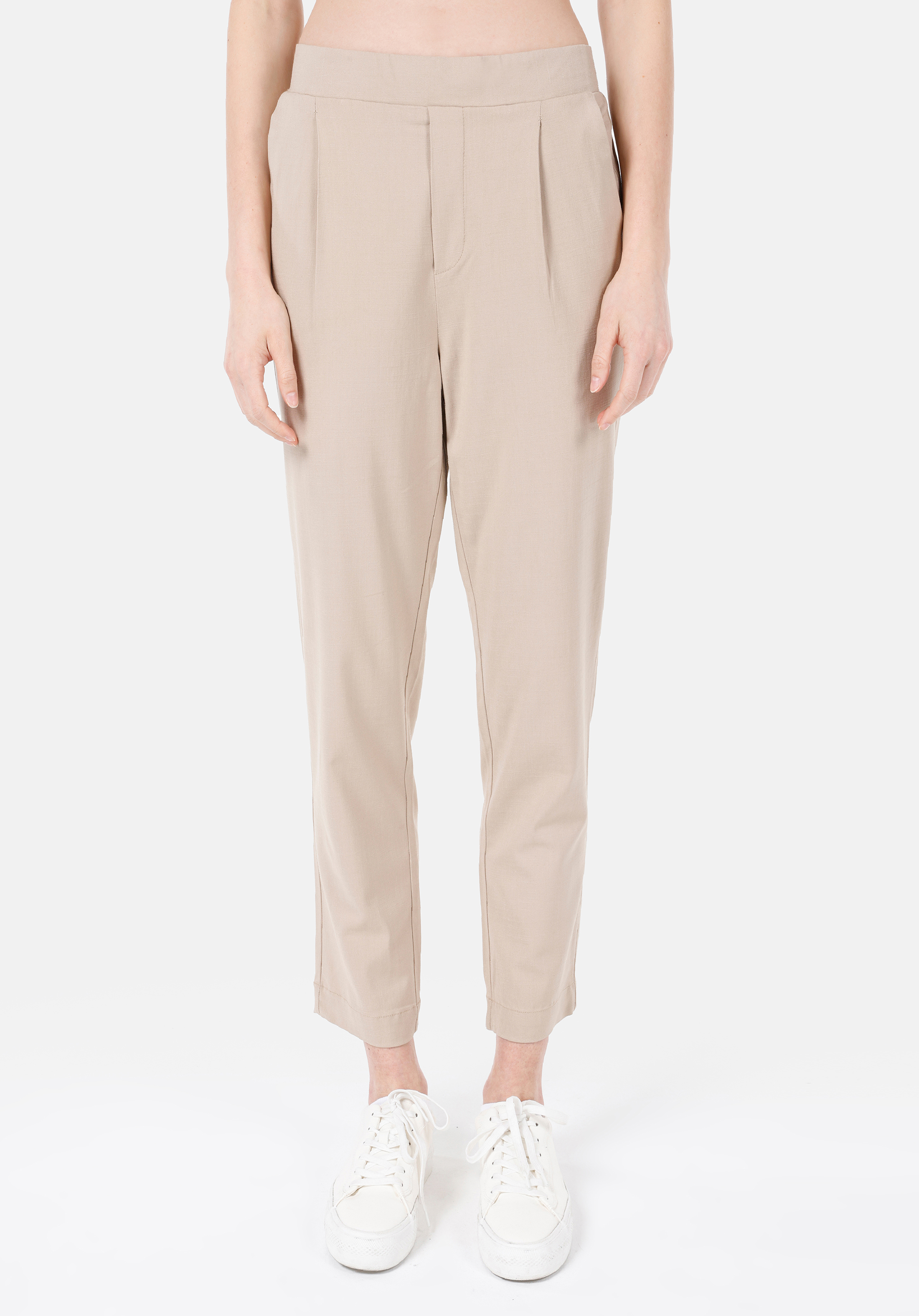 Regular Fit Yüksek Bel Düz Paça Kadın Bej  Pantolon