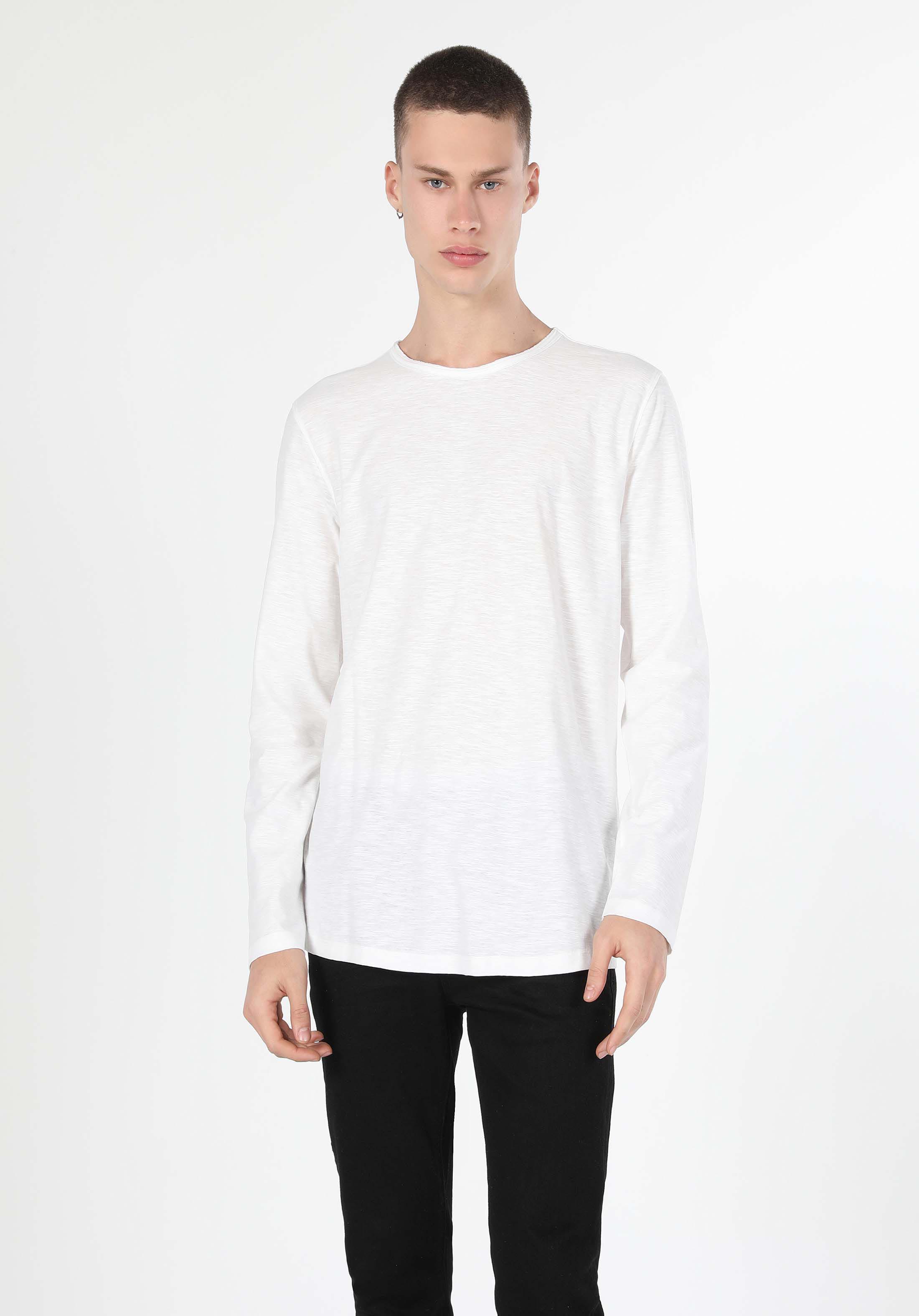Regular Fit Yuvarlak Yaka Düz Erkek Beyaz Uzun Kol Örme Tişört