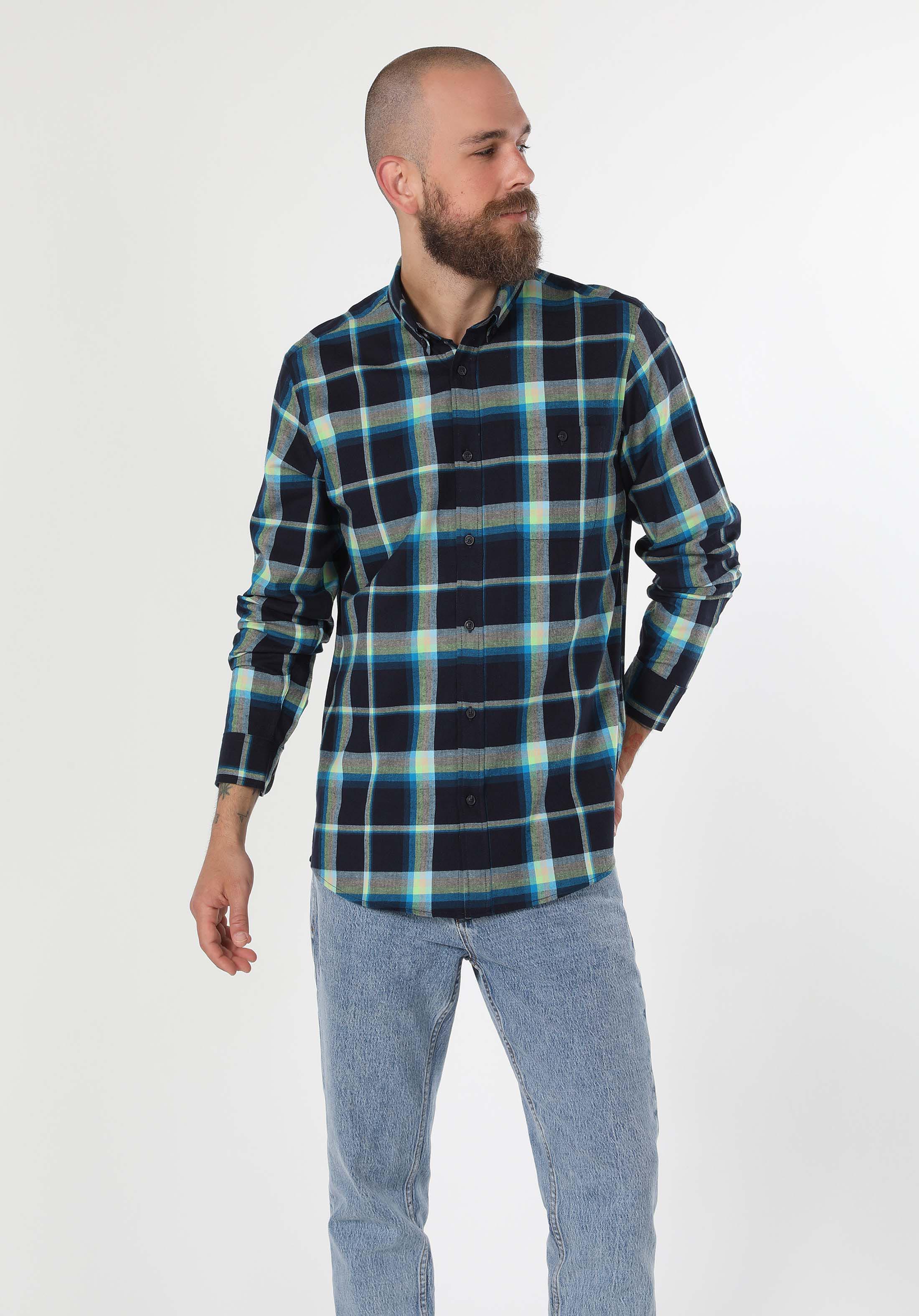 Regular Fit Shirt Neck Ekoseli Erkek Lacivert Uzun Kol Gömlek