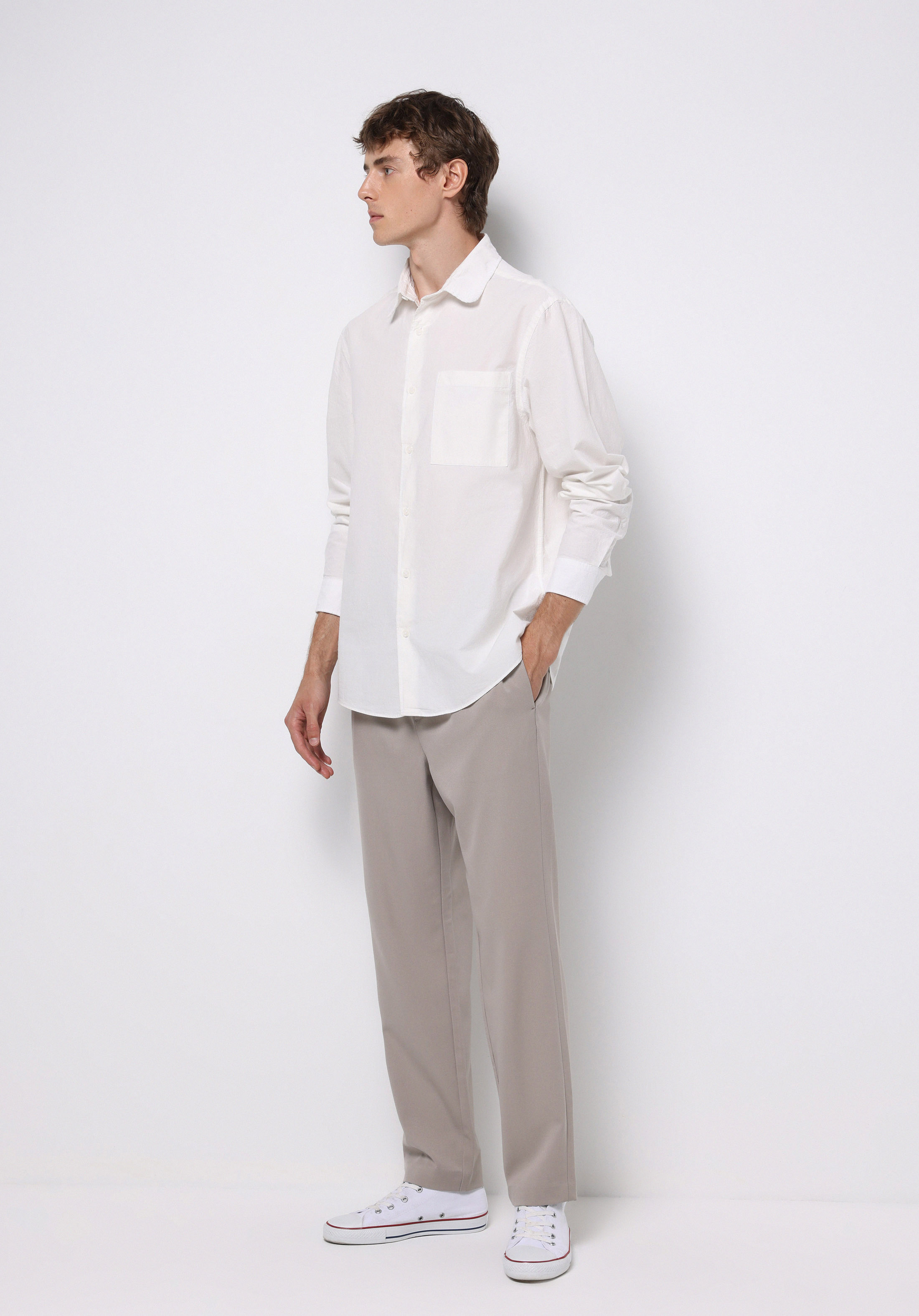 Comfort Fit Shirt Neck Düz Erkek Beyaz Uzun Kol Gömlek