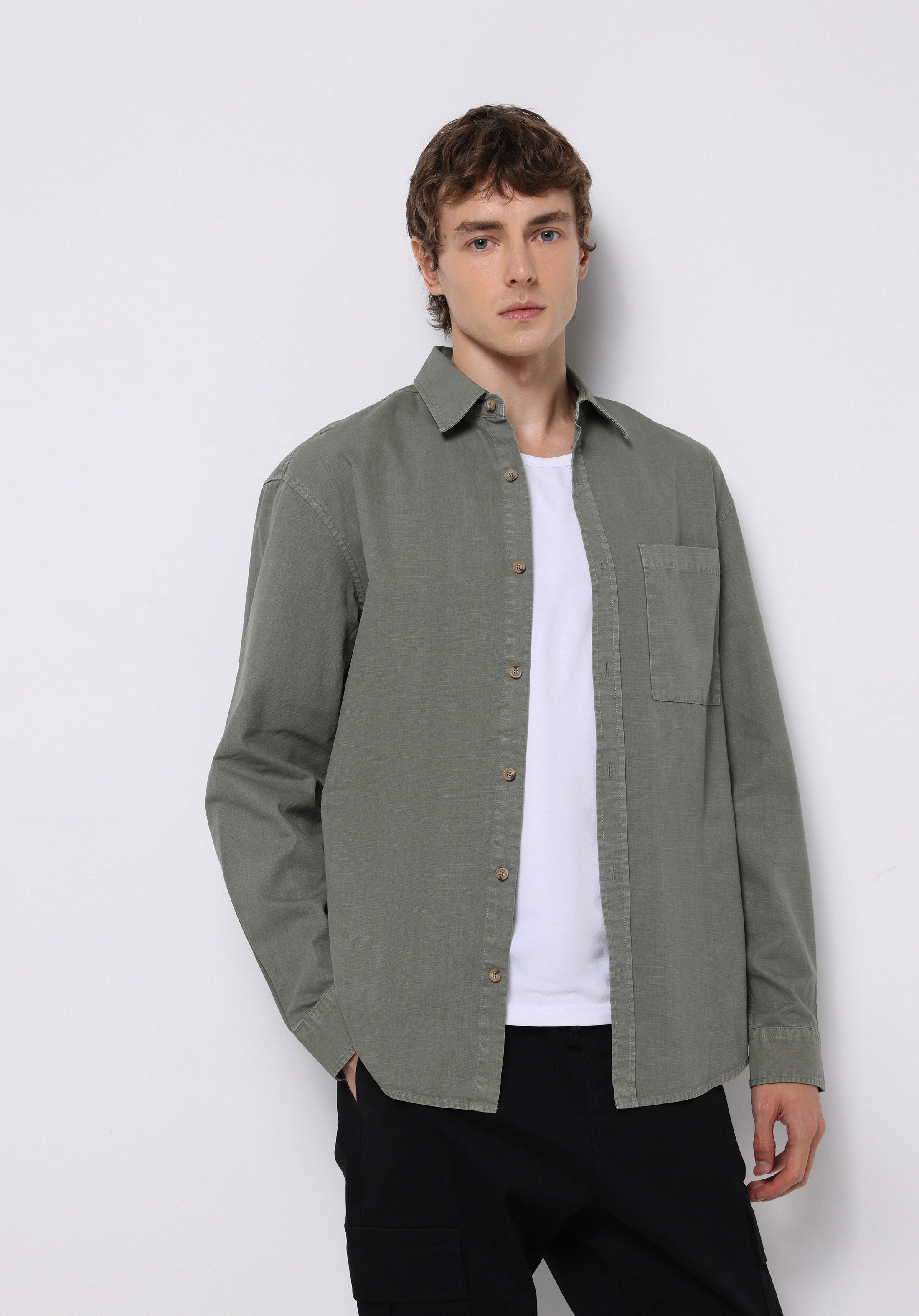 Comfort Fit Shirt Neck Düz Erkek Yeşil Uzun Kol Gömlek