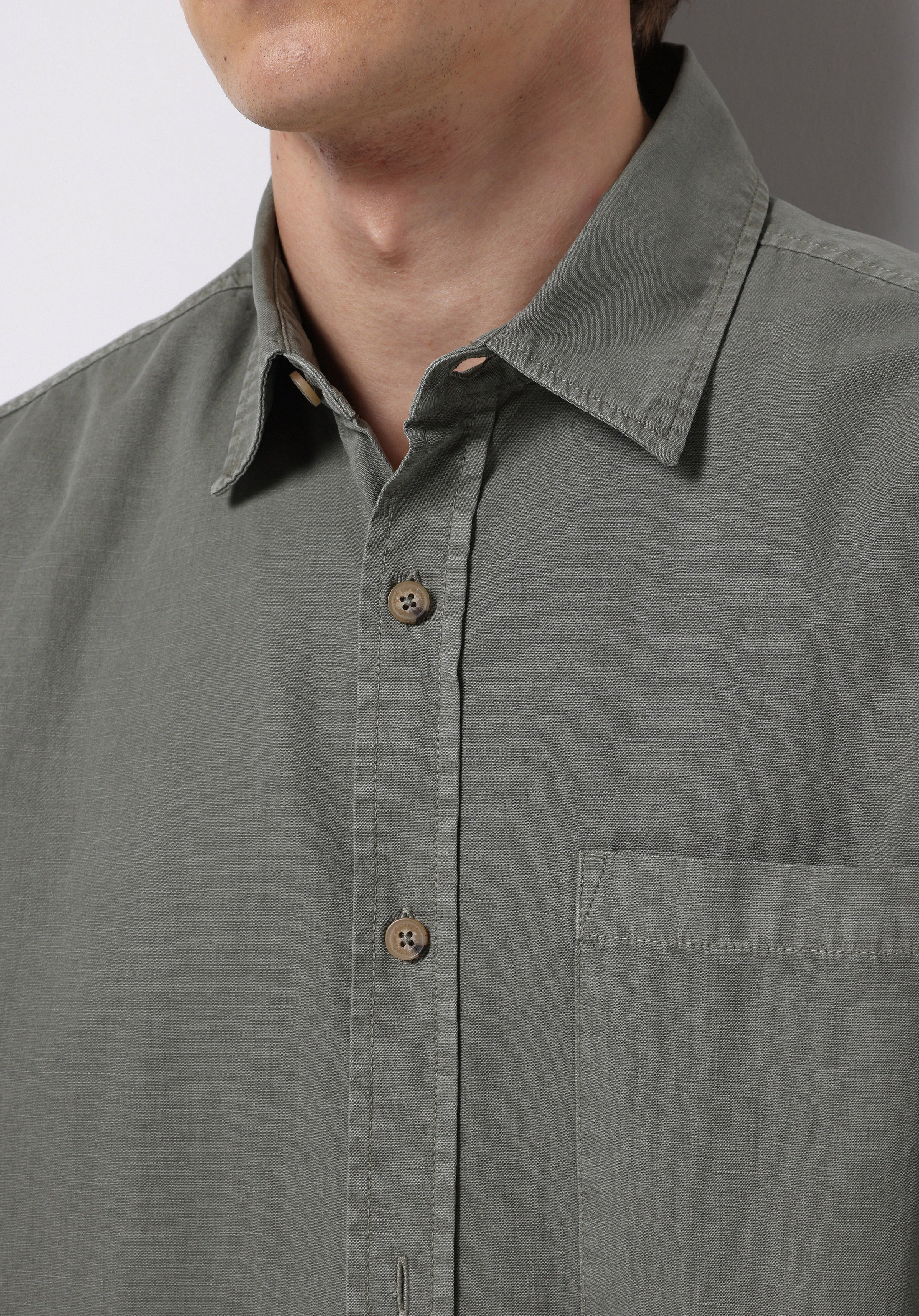 Comfort Fit Shirt Neck Düz Erkek Yeşil Uzun Kol Gömlek