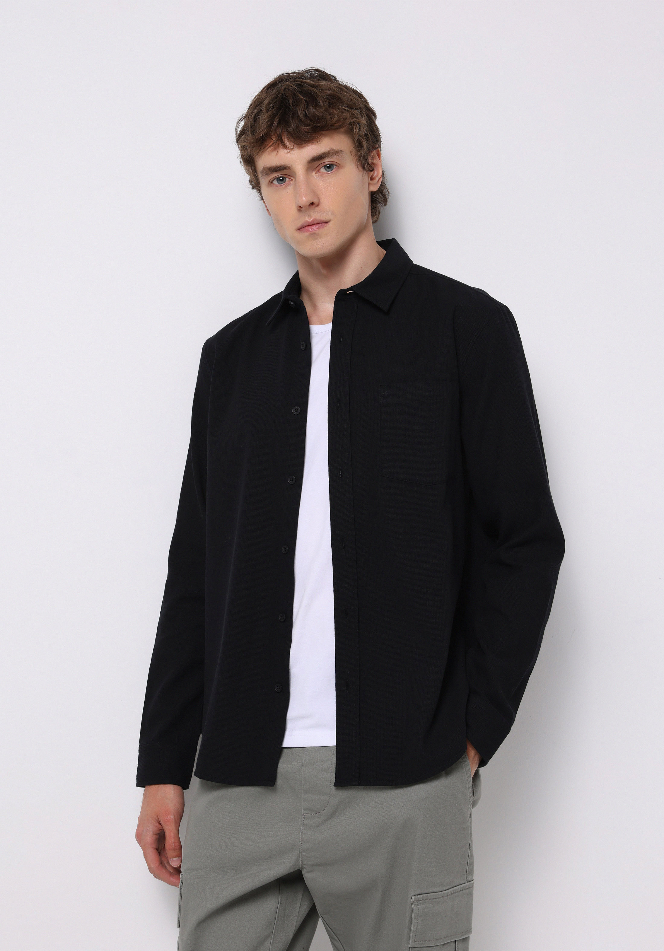 Slim Fit Shirt Neck Ekoseli Erkek Siyah Uzun Kol Gömlek