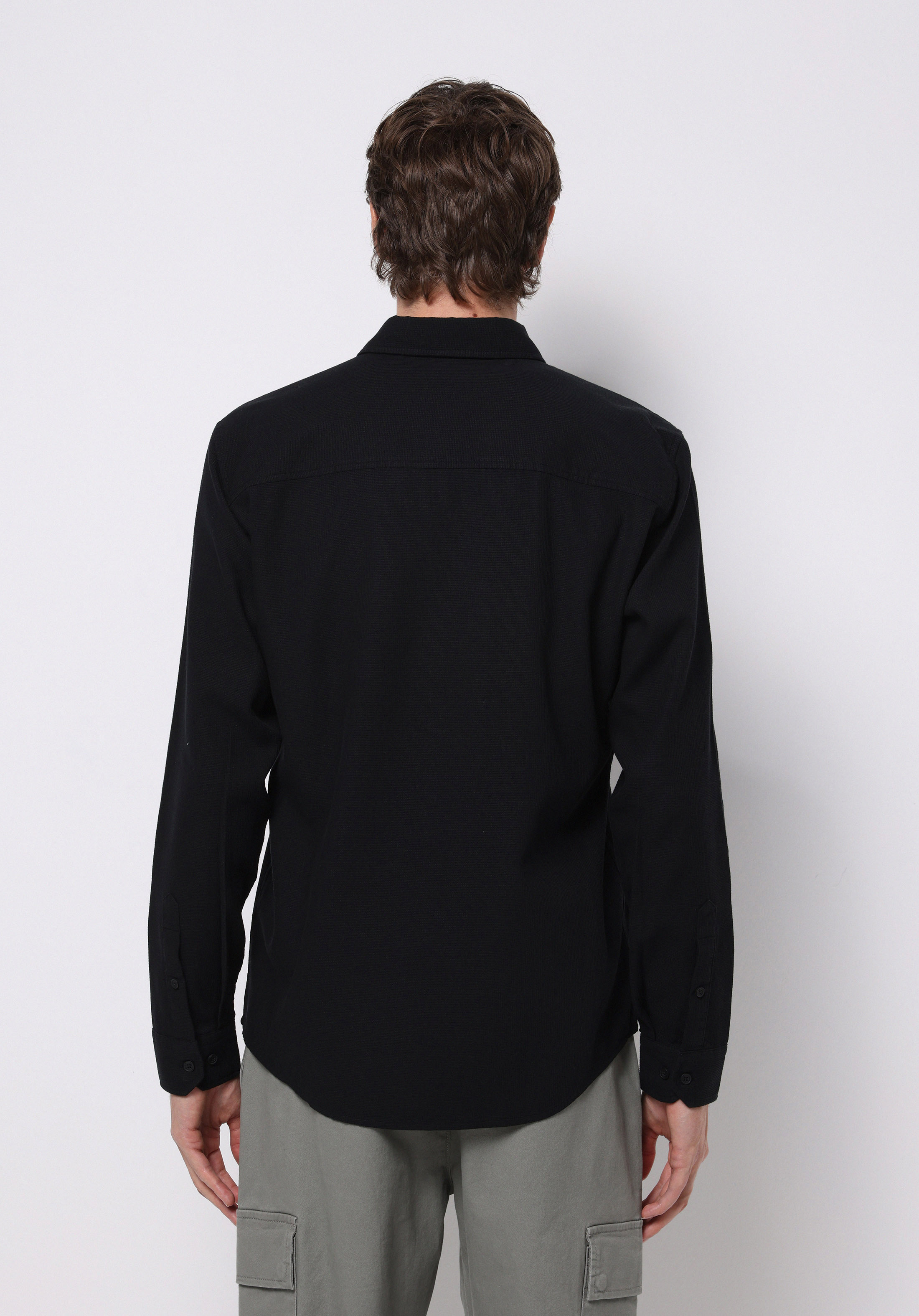 Slim Fit Shirt Neck Ekoseli Erkek Siyah Uzun Kol Gömlek